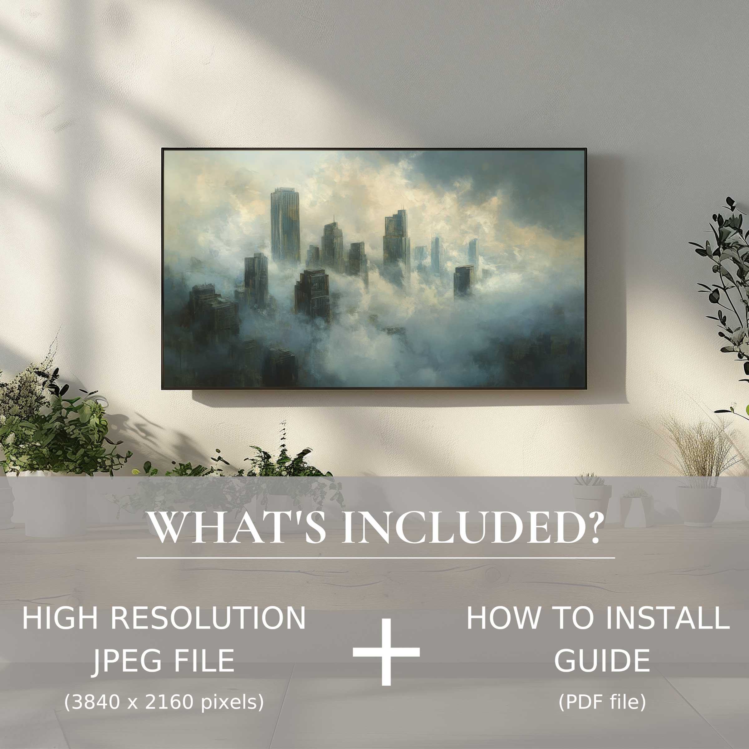 Elegant urban digital TV art download transforms living spaces with easy digital use and atmospheric cityscape charm