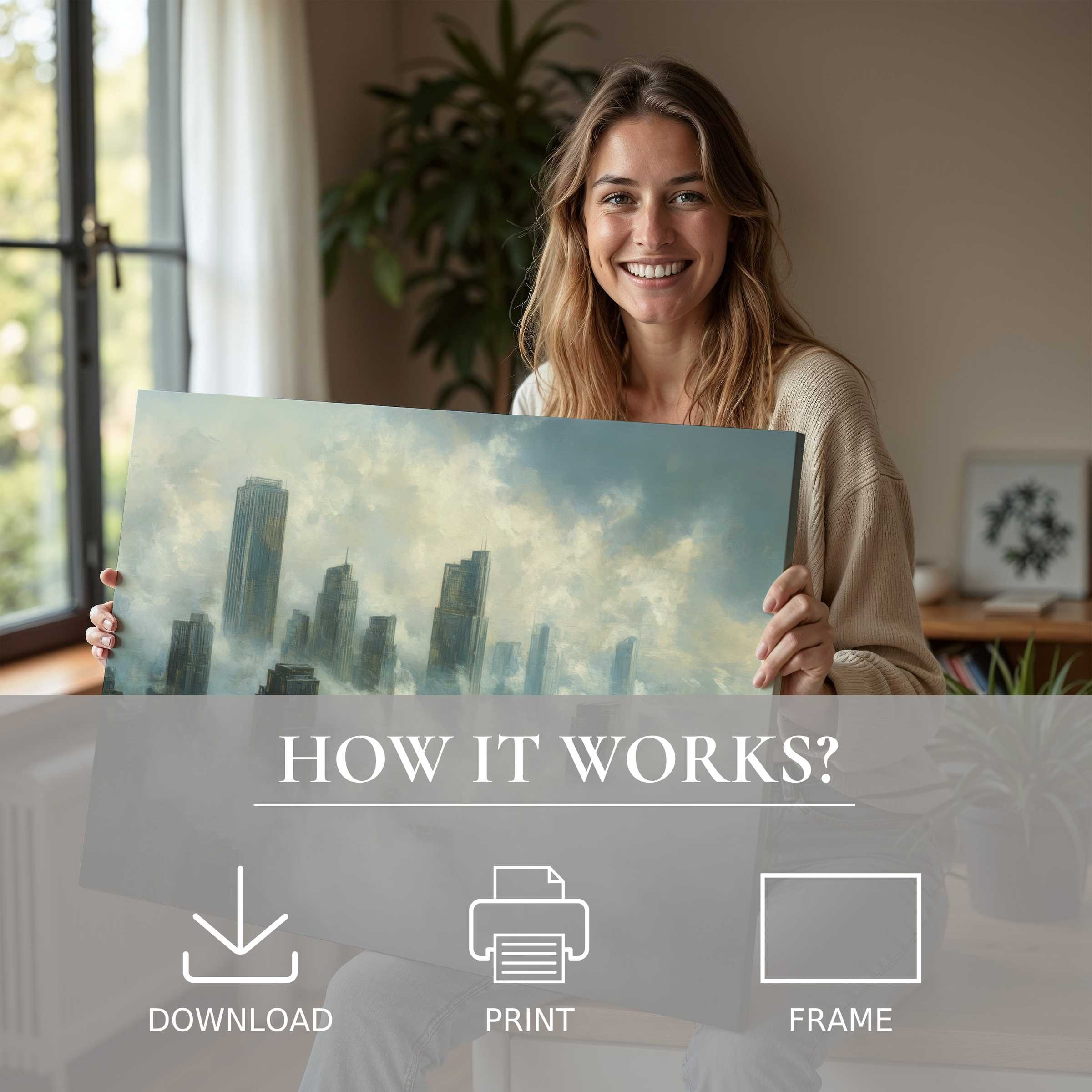 Radiant woman in a serene modern home, embracing urban digital art print that transforms space with effortless elegance and joy