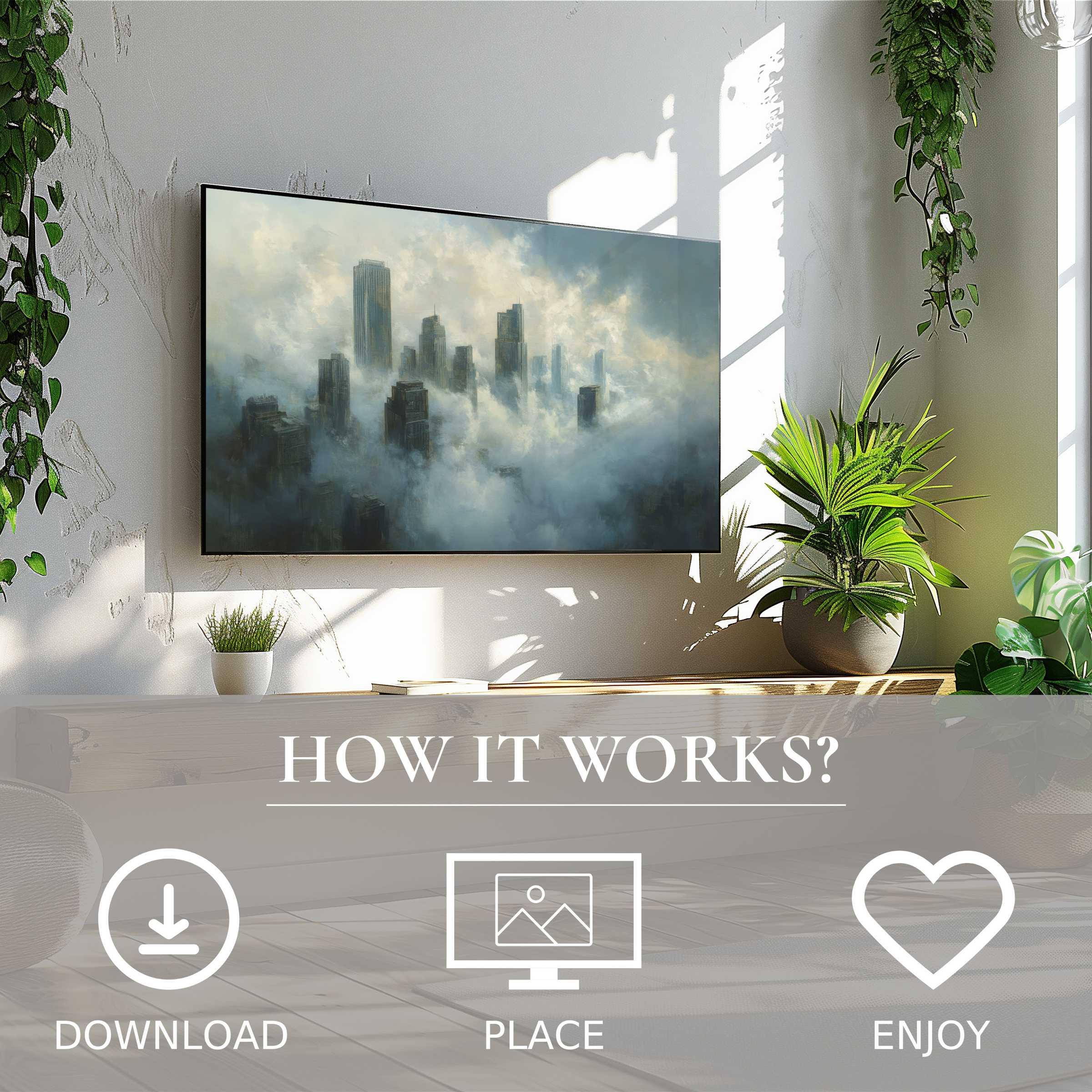 Modern living room with green plants; urban art for Samsung TV shows misty cityscape, easy digital download enriches space