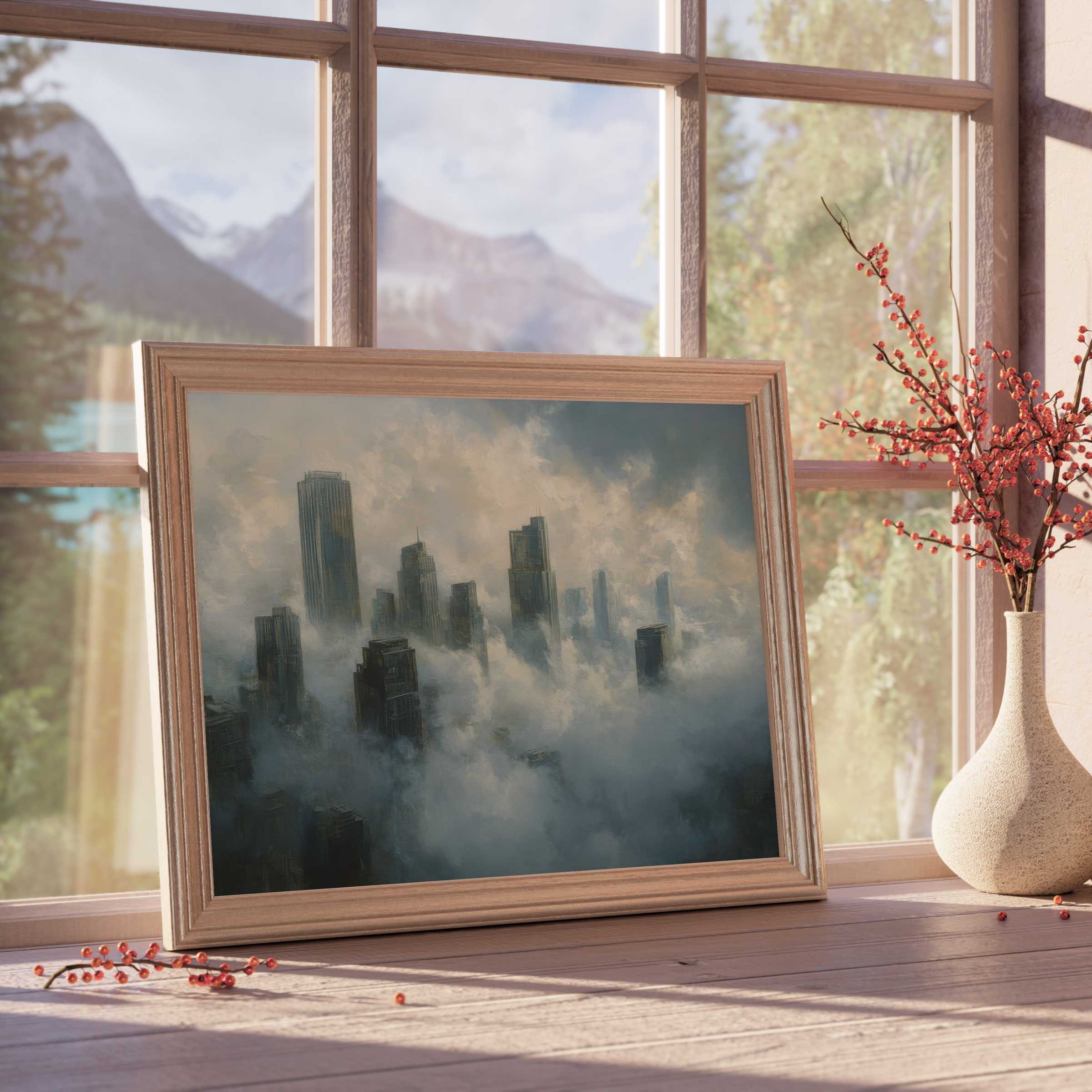 Urban downloadable art capturing a misty skyline’s serene allure, perfect for curated, tranquil, design-forward interiors