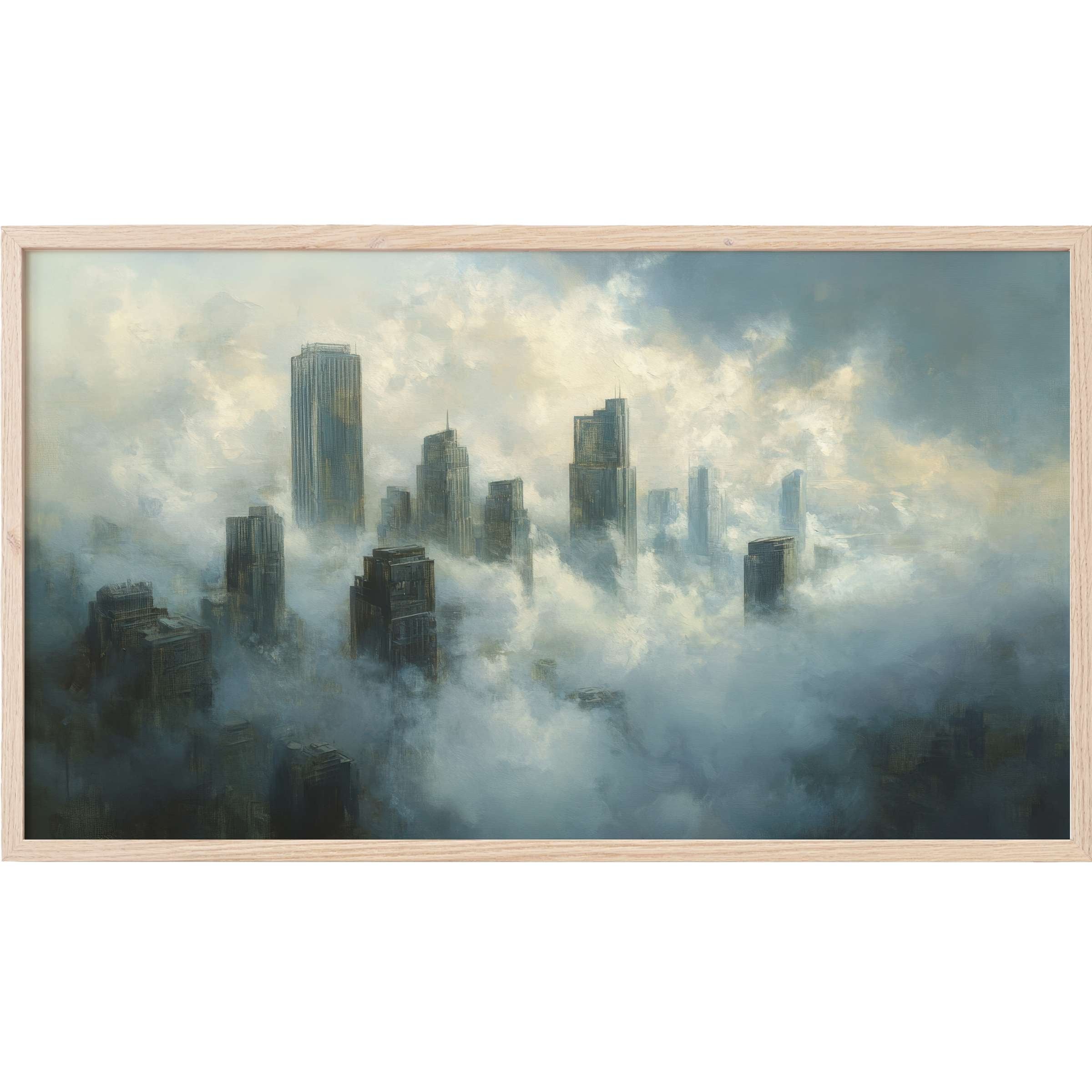 Urban skyline fading into mist with muted blues and greys, an elegant urban Frame TV Art piece