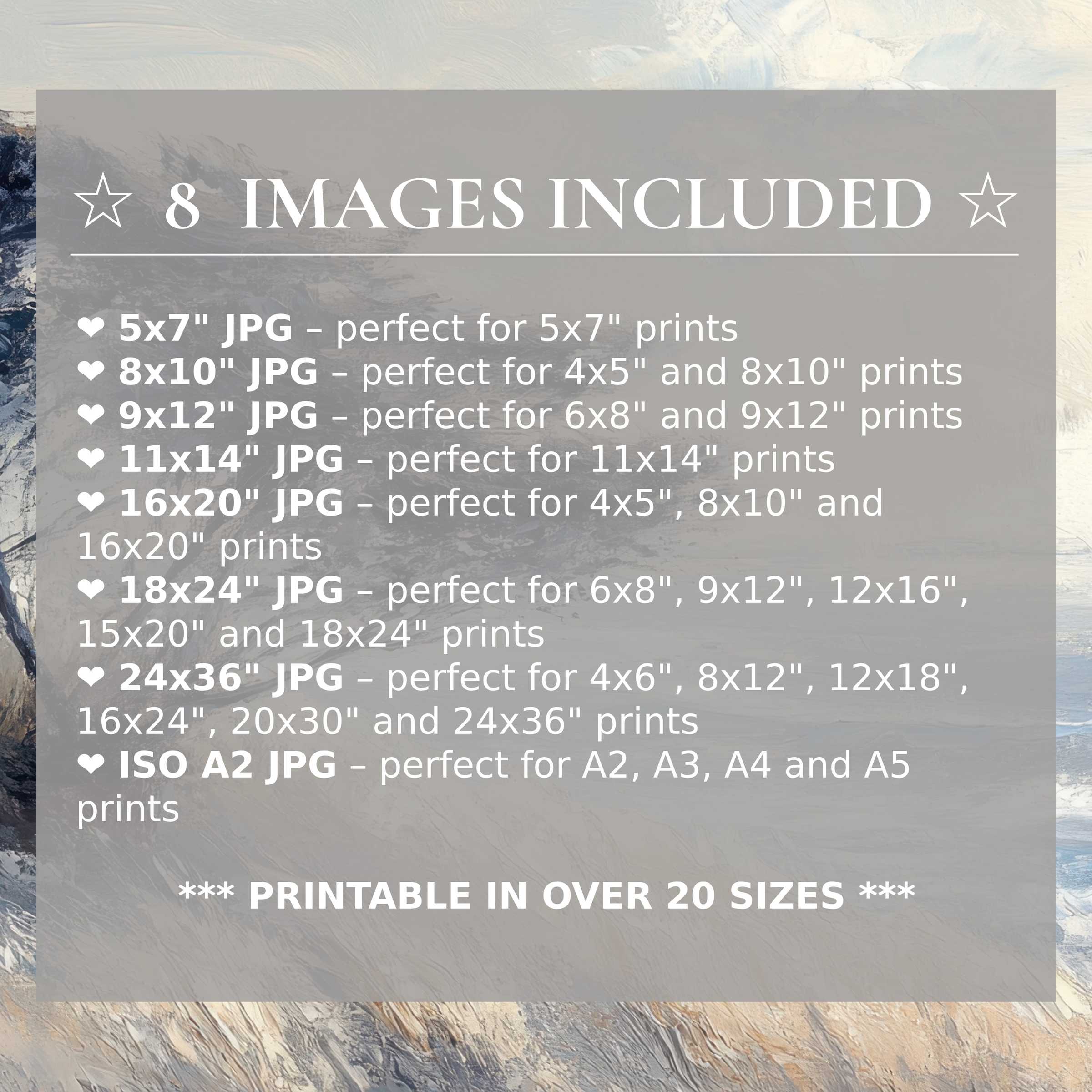 Print size guide showing 8 included JPG formats for versatile wall art printing – perfect for framing in popular sizes from 5x7 to 24x36 and A2