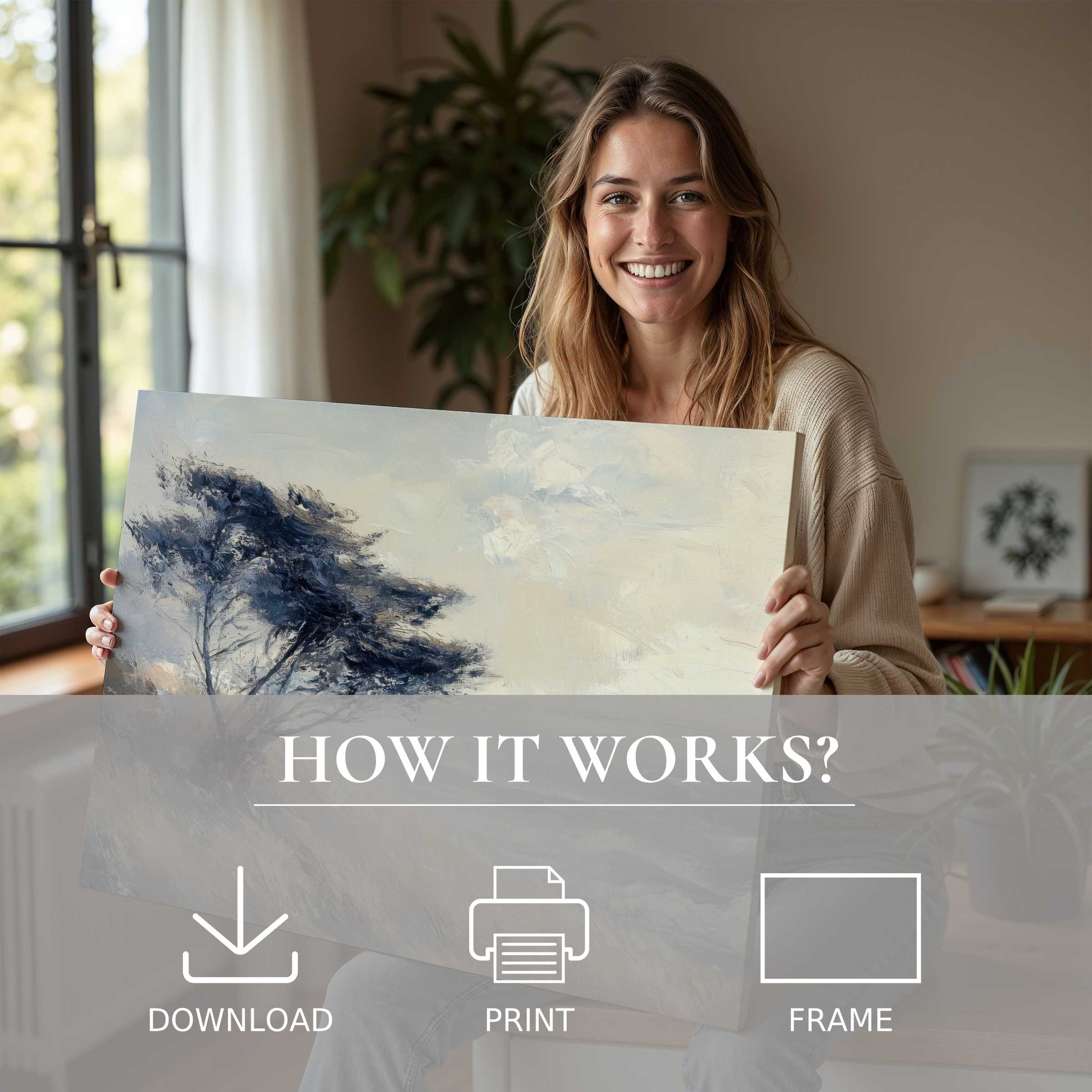 Radiant joy in a modern home, embracing a tree digital art print that transforms space with serene elegance and timeless connection