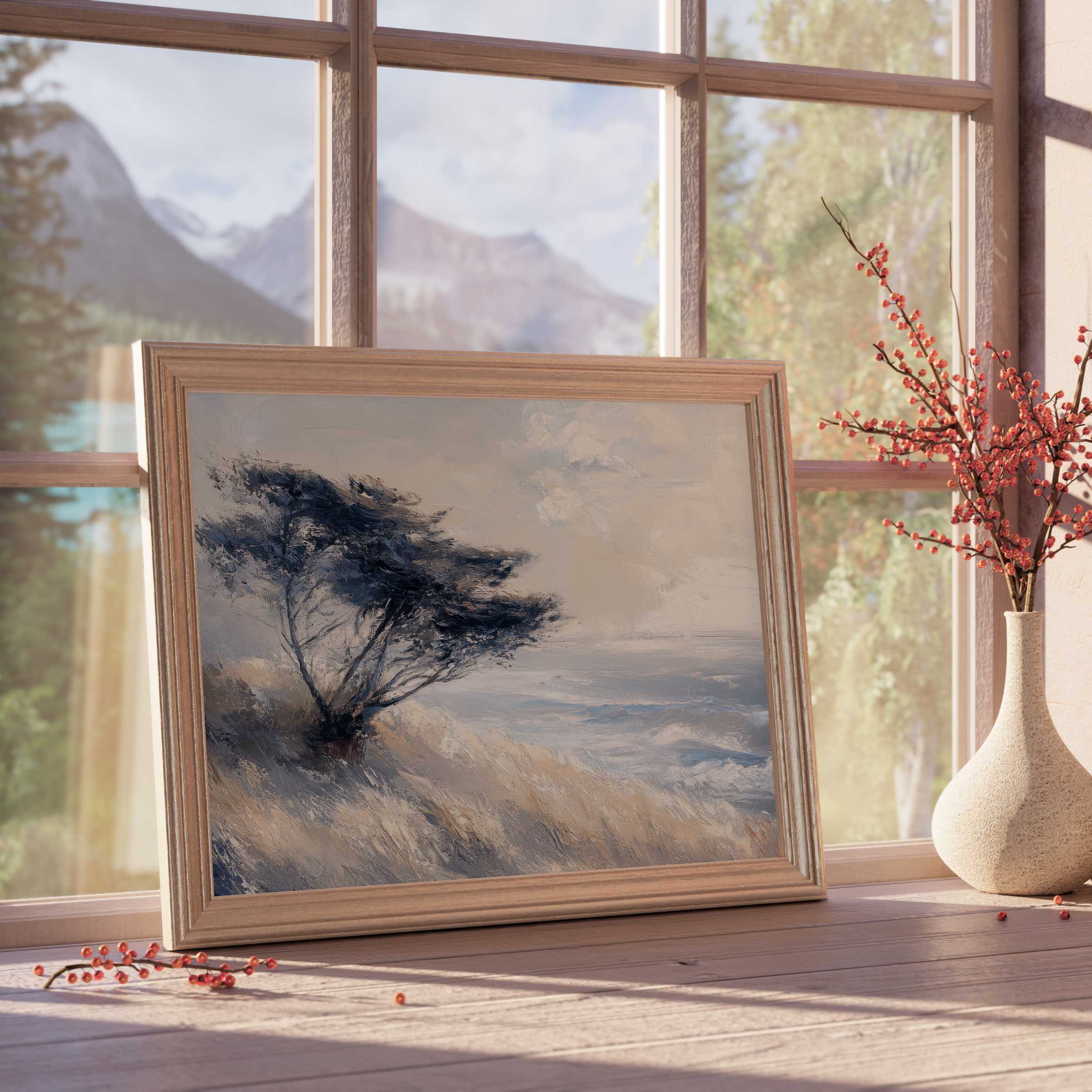 Elegant tree downloadable art capturing serene coastal windswept grace, perfect for curated, tranquil, and refined interiors