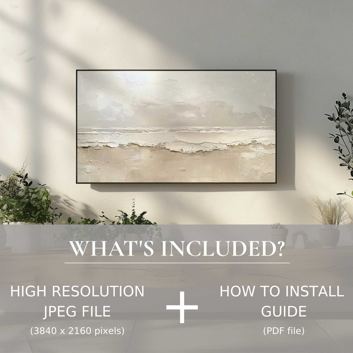 Elegant summer digital TV art download with easy use enhances chic living spaces with serene coastal textures