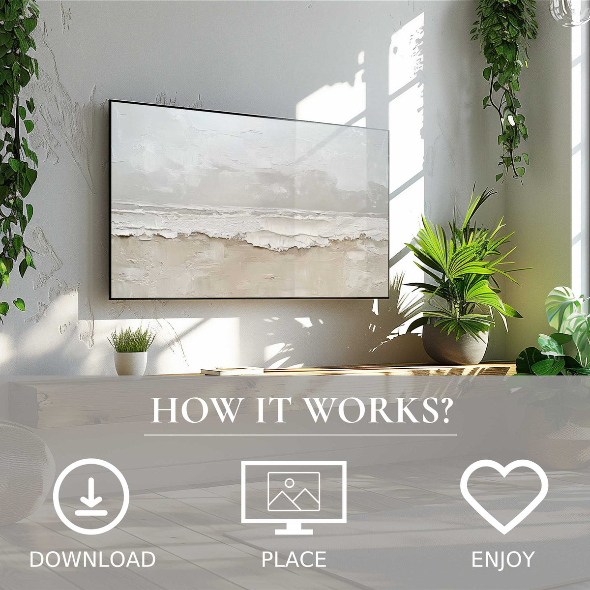 Modern summer art for Samsung TV featuring soft neutral textures, easy digital download enriching bright living spaces