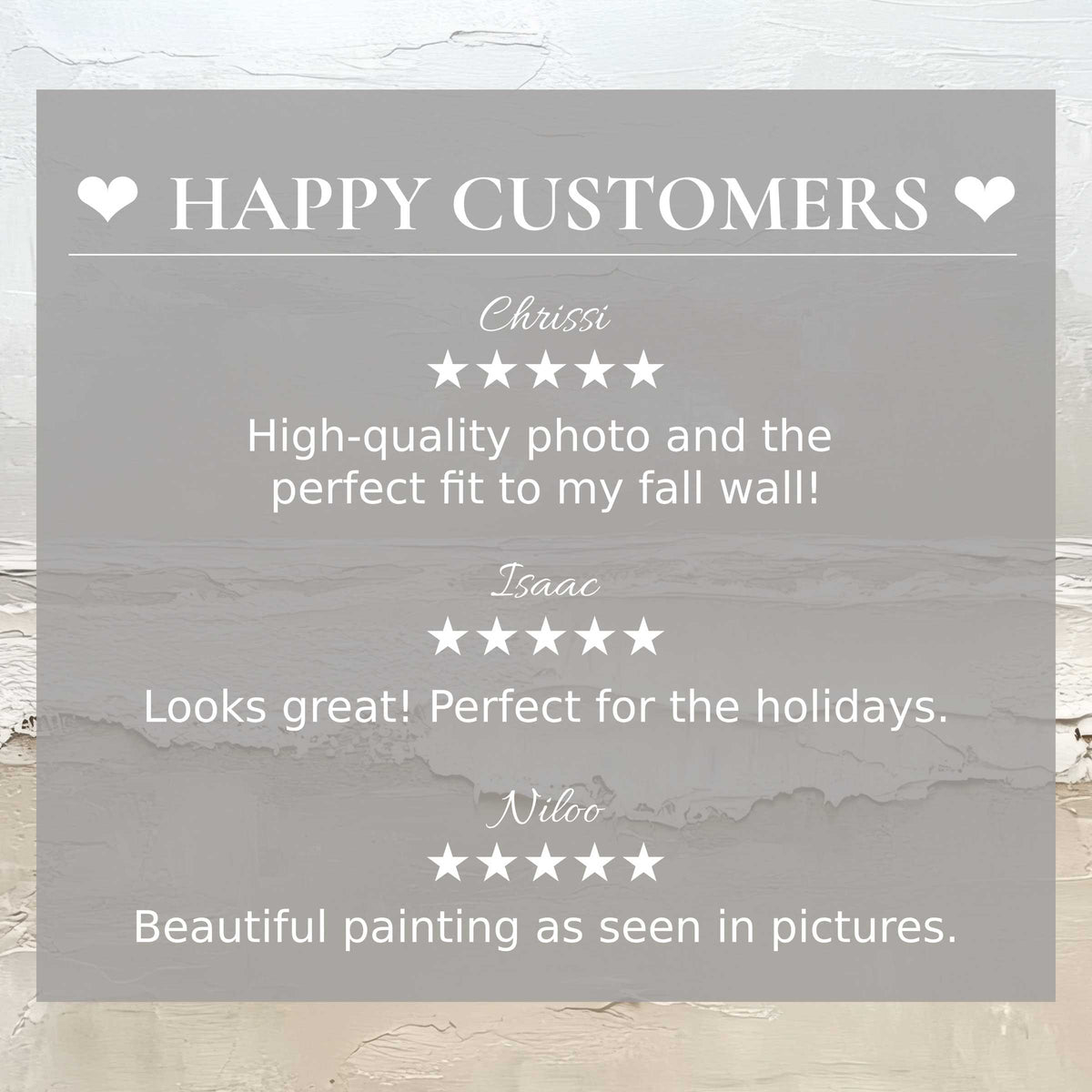 Elegant layout with abstract muted sunset art, showcasing positive reviews for summer art for Frame TV by happy customer