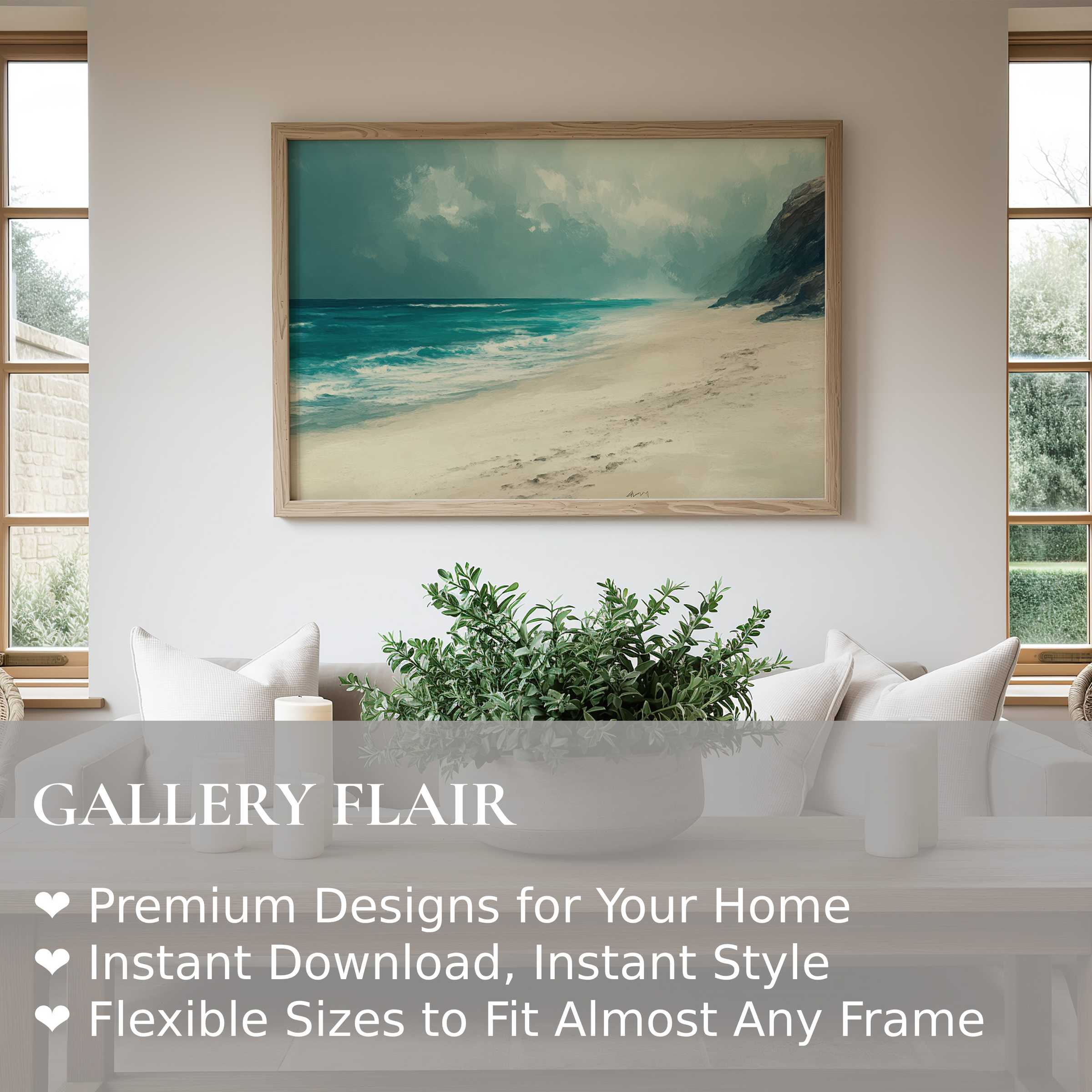 Coastal wall art print featuring a serene beachscape with soft waves and moody skies, enhancing minimalist modern interiors with calming, natural elegance