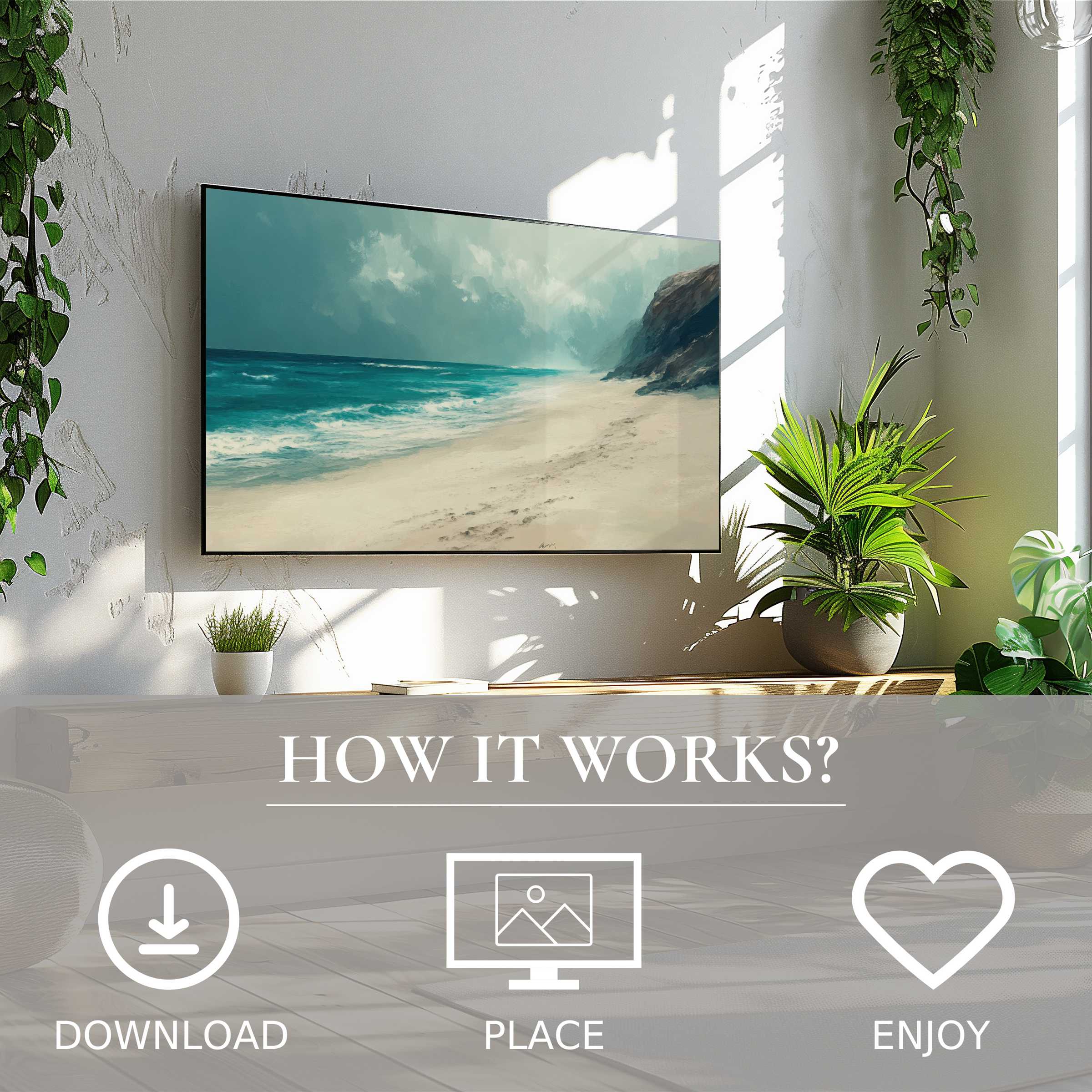 Modern living room with easy digital download coastal art for Samsung TV showing soft sunset tones on a sandy beach