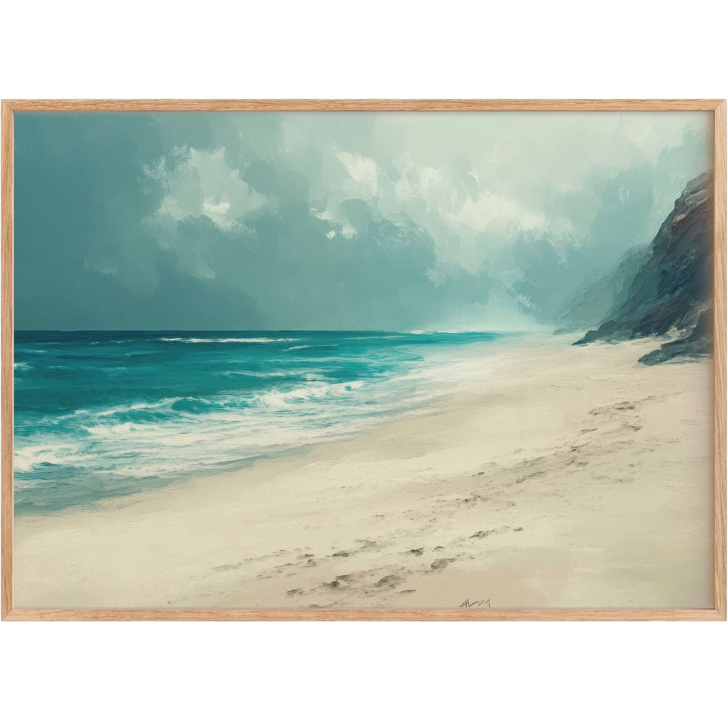 Serene coastal printable wall art capturing soft teal waves and misty cliffs, evoking a tranquil, airy beachside retreat