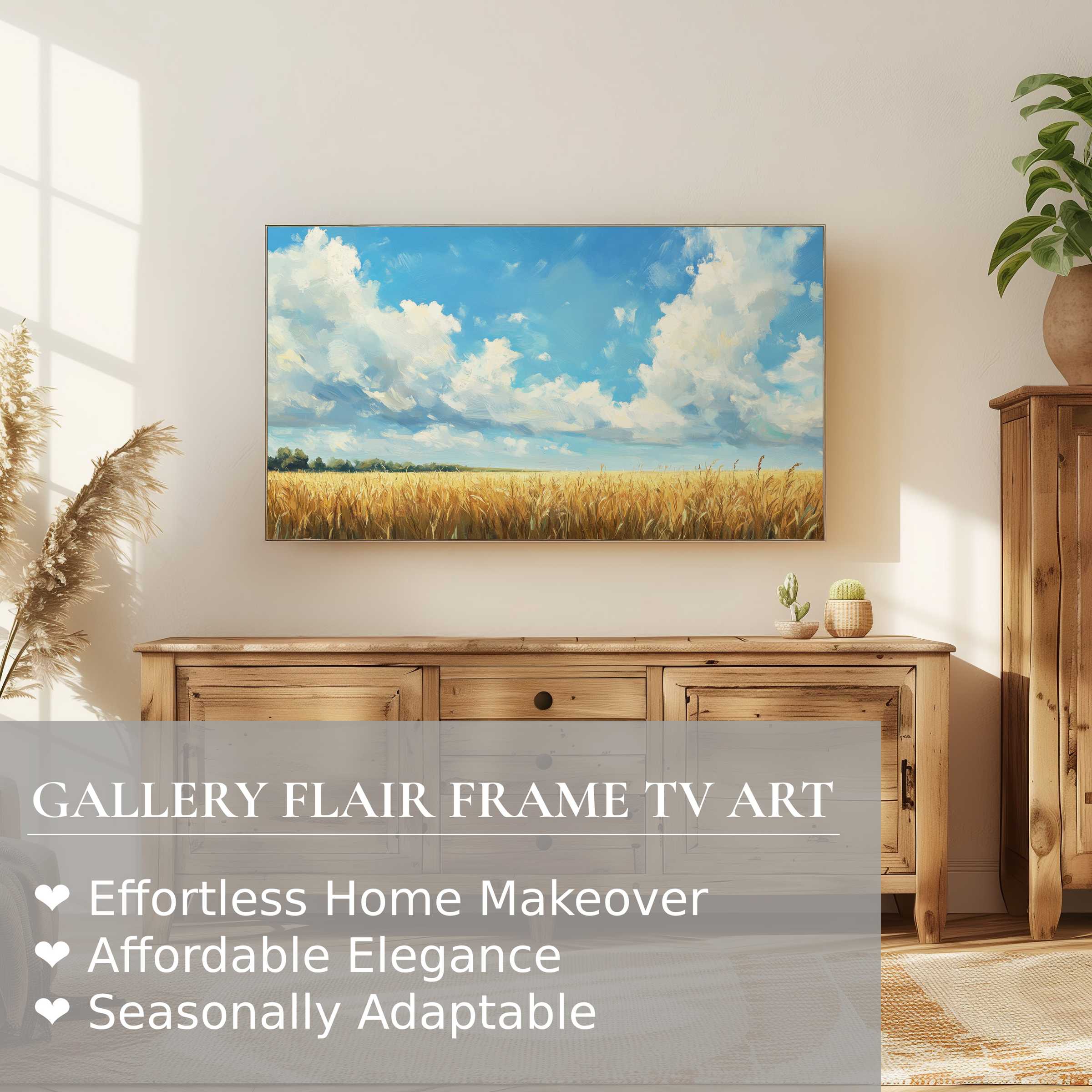 Samsung Frame TV displays serene farmhouse digital artwork of golden fields under a vivid blue sky, enhancing refined home decor
