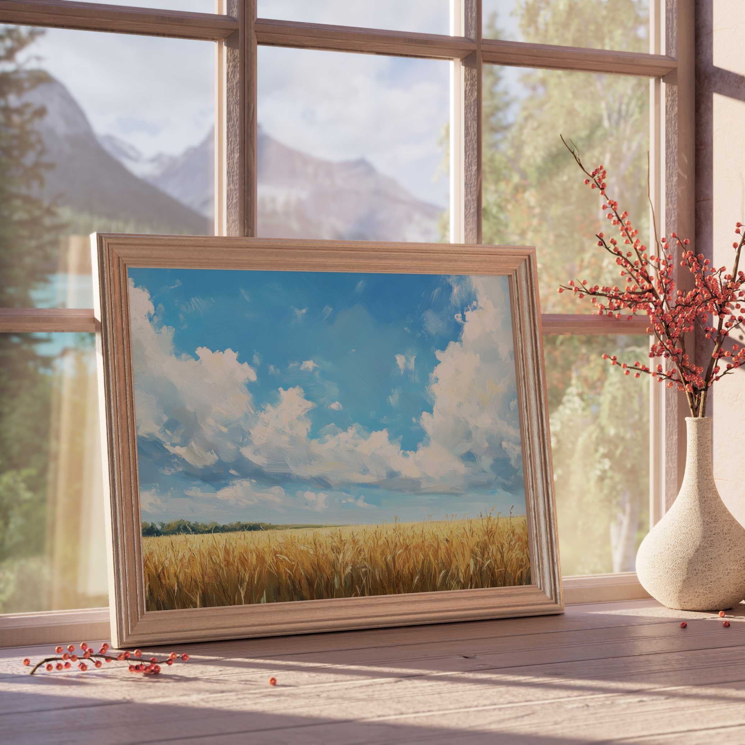 Farmhouse downloadable art capturing golden wheat fields under a serene blue sky, infusing warm, curated elegance into tranquil interiors