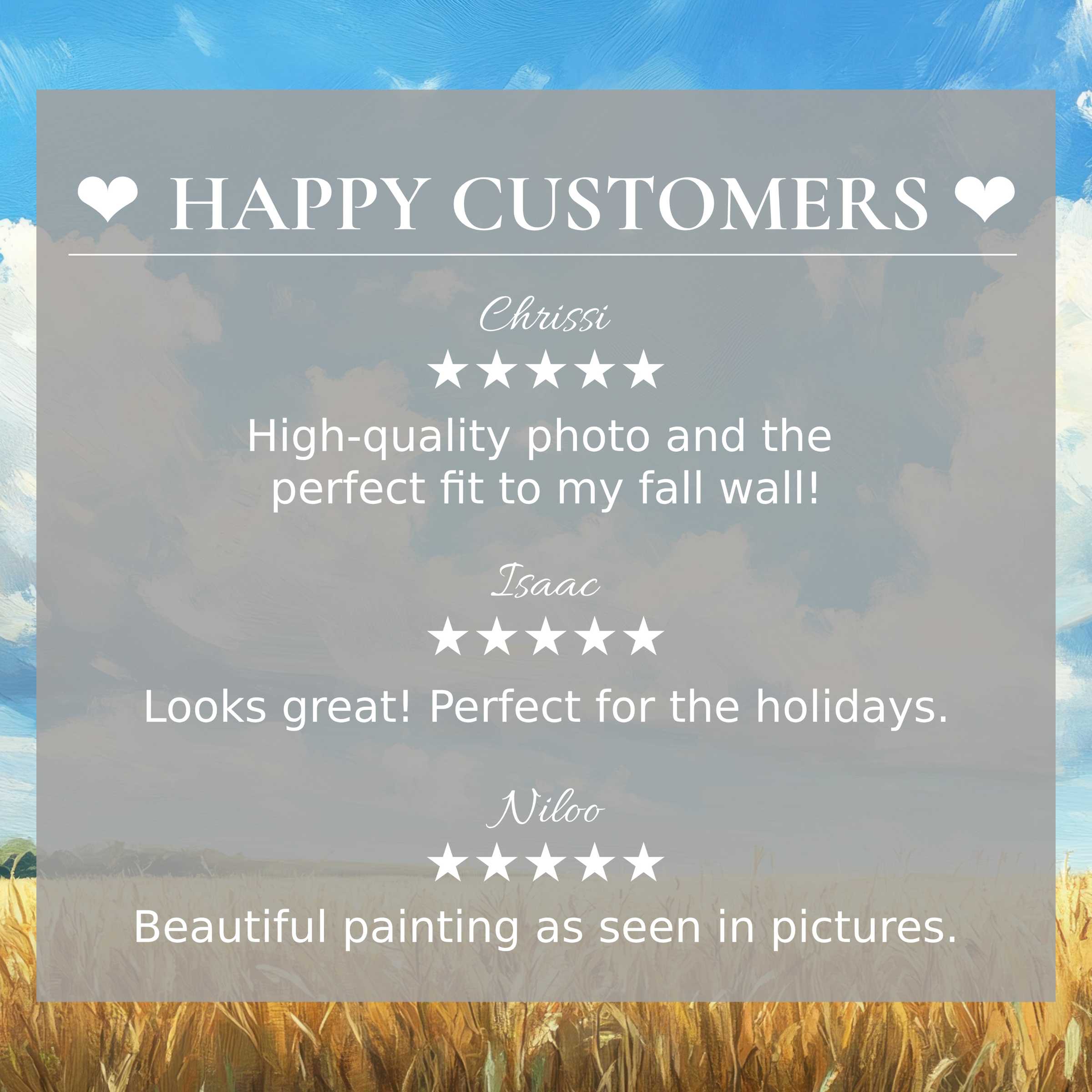 Farmhouse art for Frame TV with abstract sky and harvest hues, showcasing happy customer praise and elegant design trust