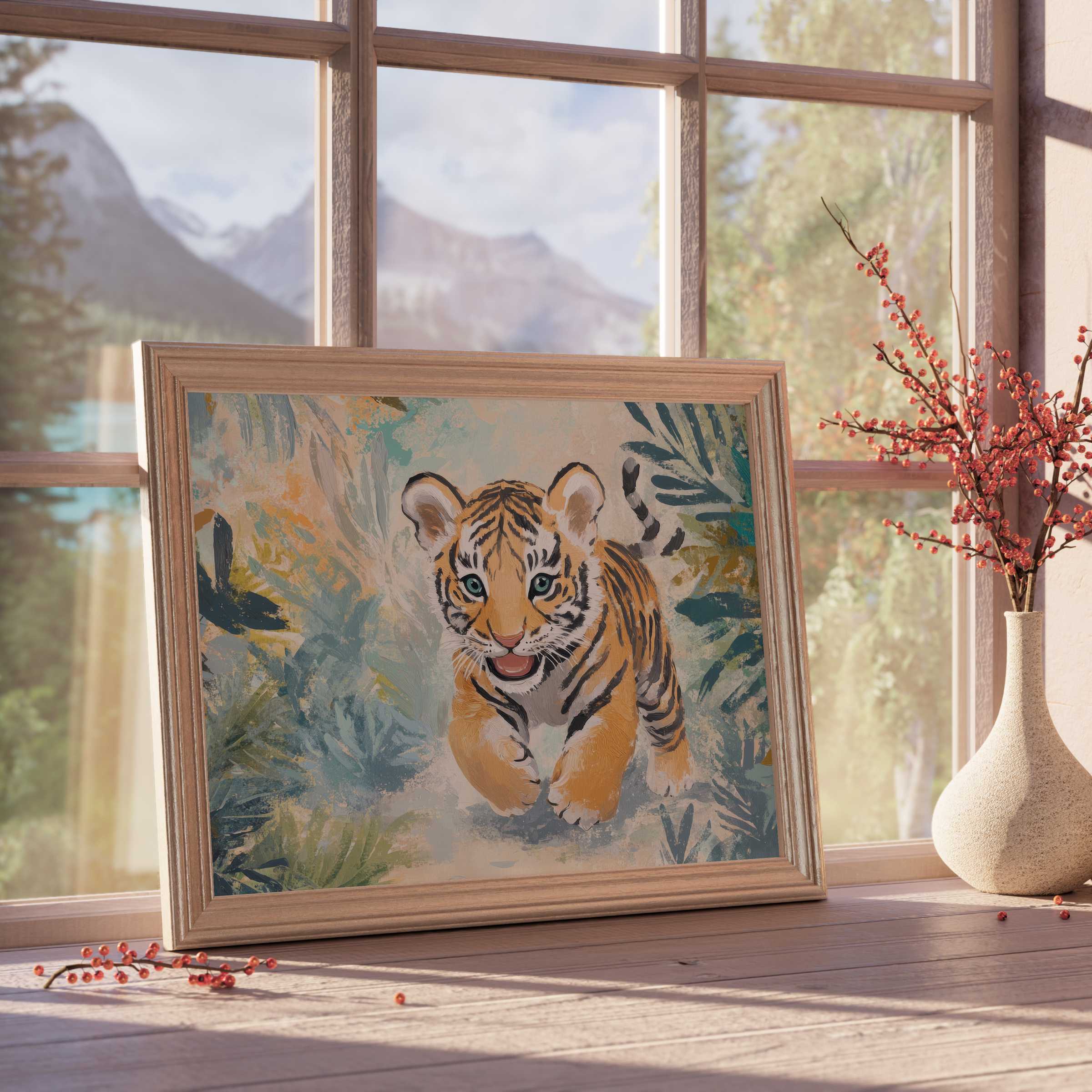Nursery downloadable art featuring a joyful tiger cub, infusing tranquil, nature-inspired charm into curated, stylish interiors