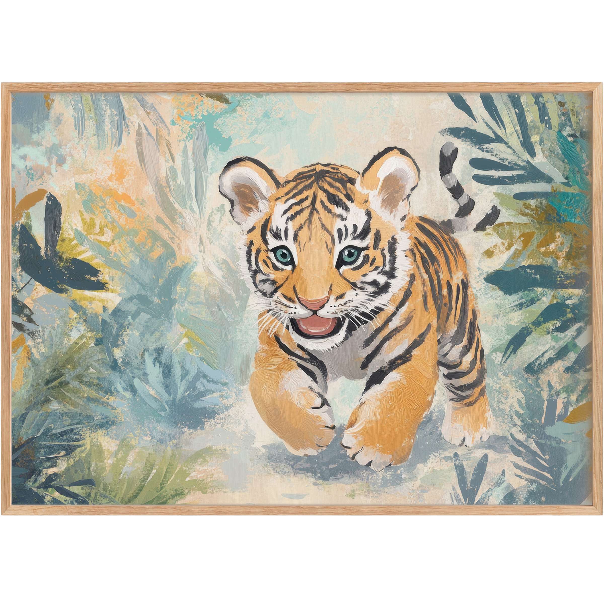 Charming nursery printable wall art capturing a joyful tiger cub in soft blues and warm ochres, bringing playful serenity and warmth