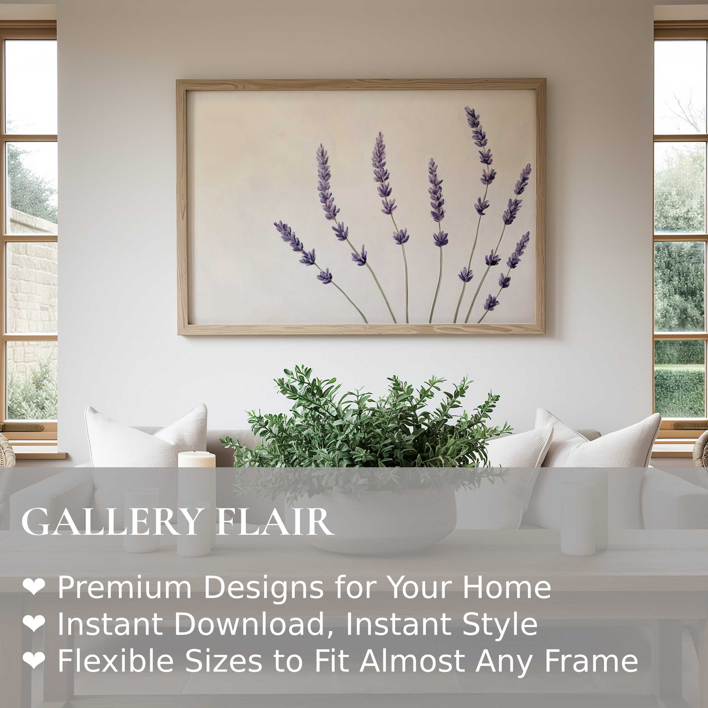 Elegant floral wall art print featuring soft lavender sprigs in a minimalist, modern living room, enhancing serene, natural ambiance