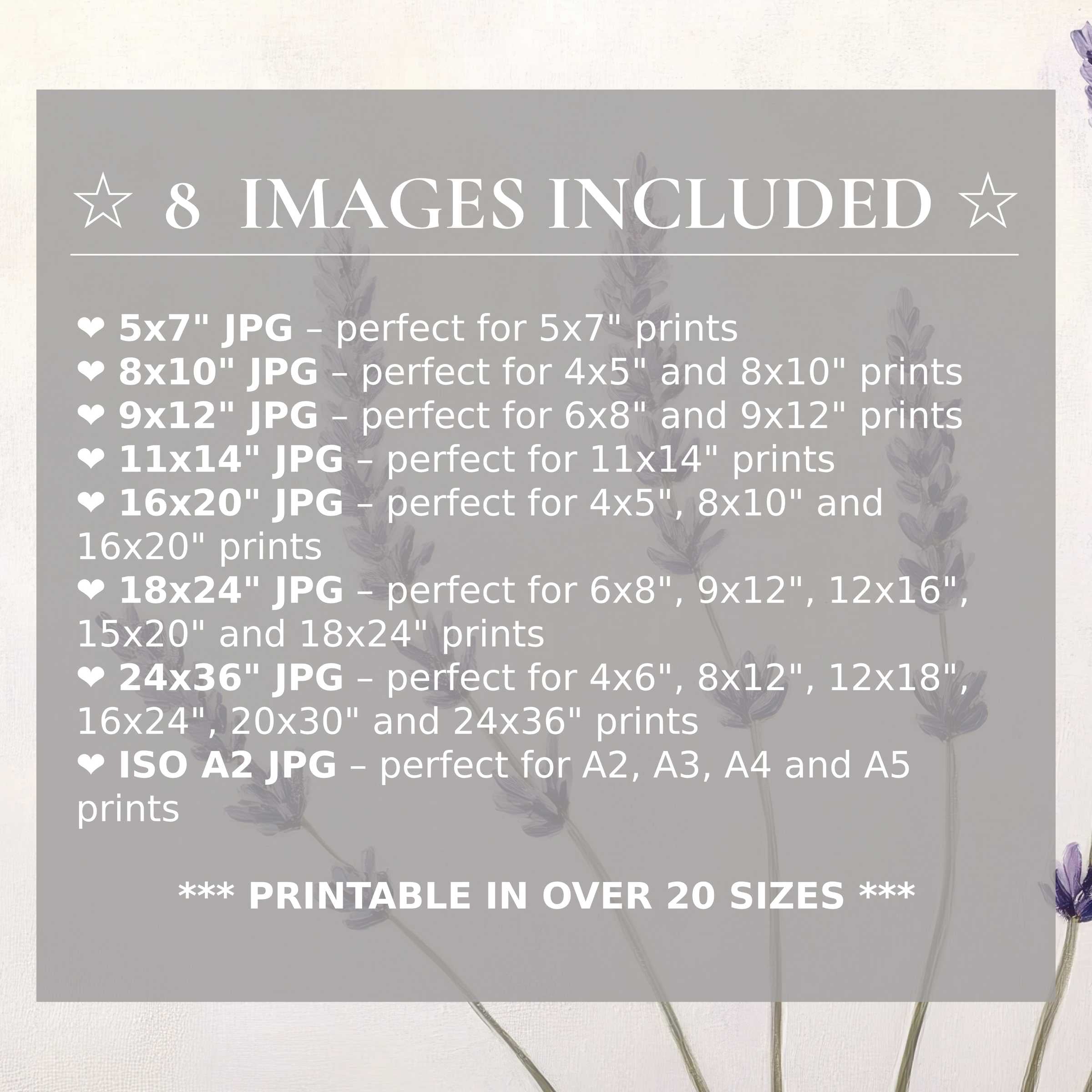 Floral digital print in soft lavender tones radiates calming elegance, elevating modern interiors with 8 high-quality sizes included
