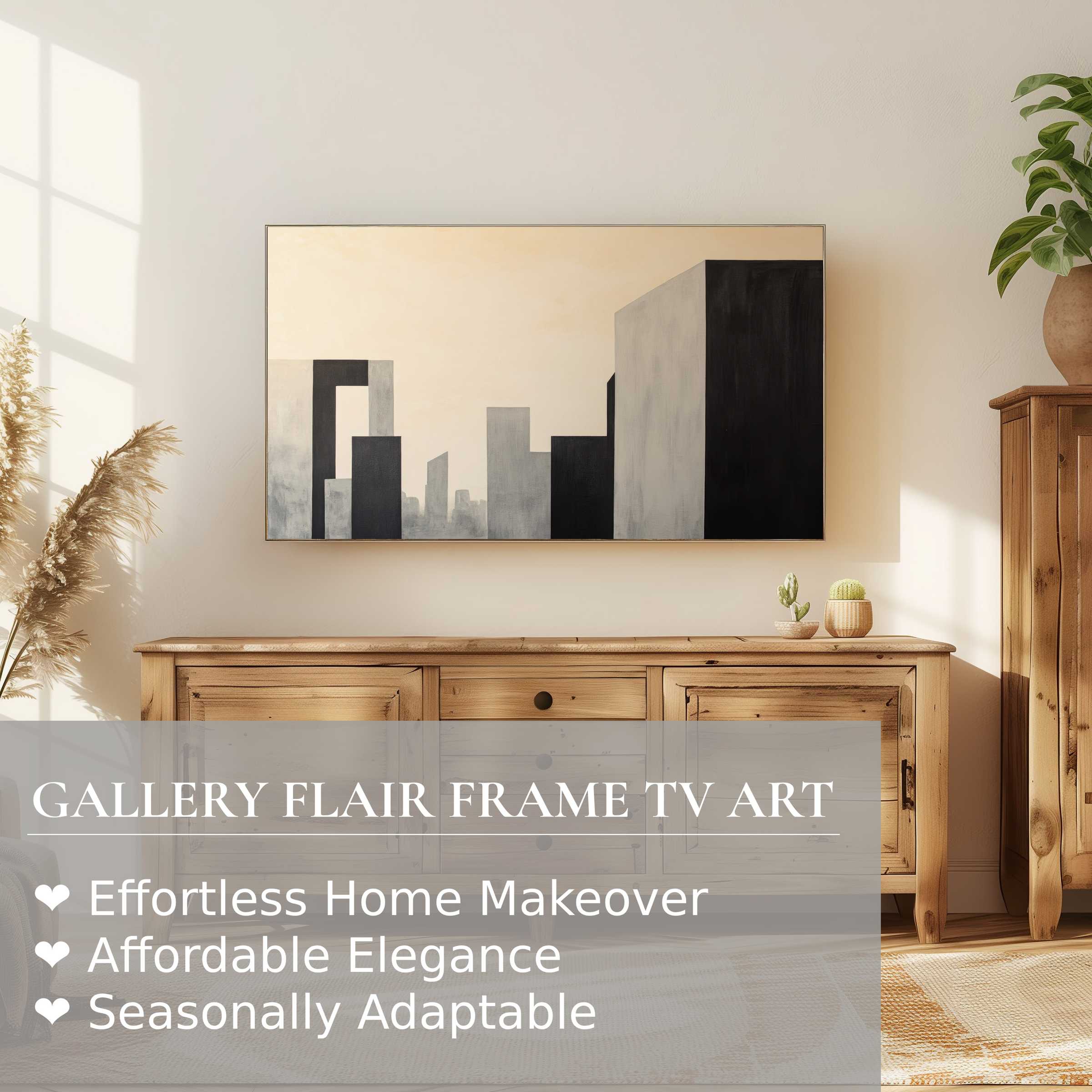 Samsung Frame TV displays minimalist digital artwork of abstract modern architecture in a warm, elegant living space