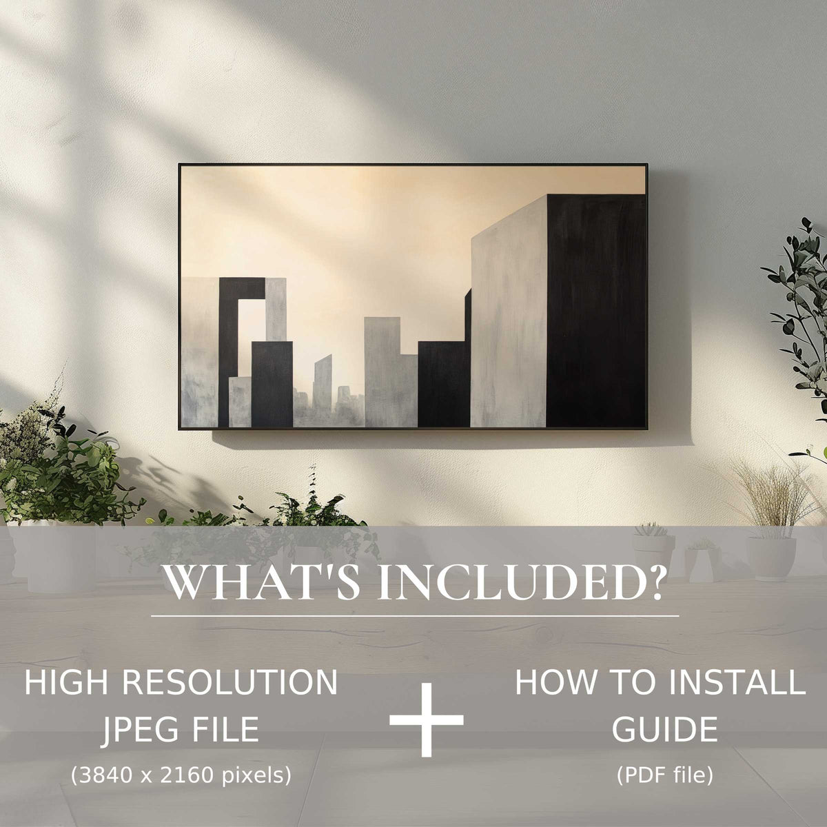 Minimalist digital TV art download enhances chic living room with easy, high-res use and sleek modern urban design