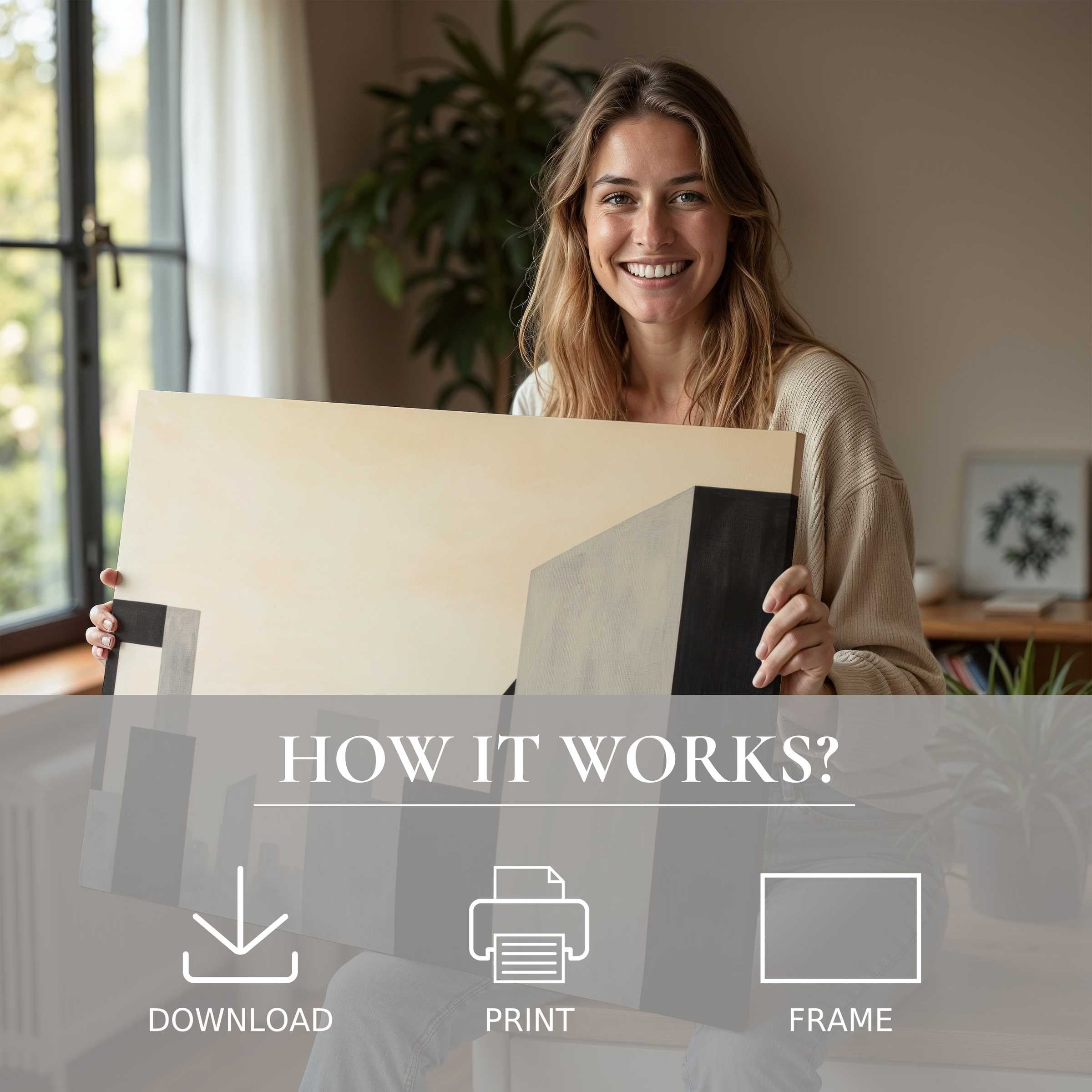 Refined, joyful moment with a minimalist digital art print, enhancing modern living with effortless elegance and serene abstraction