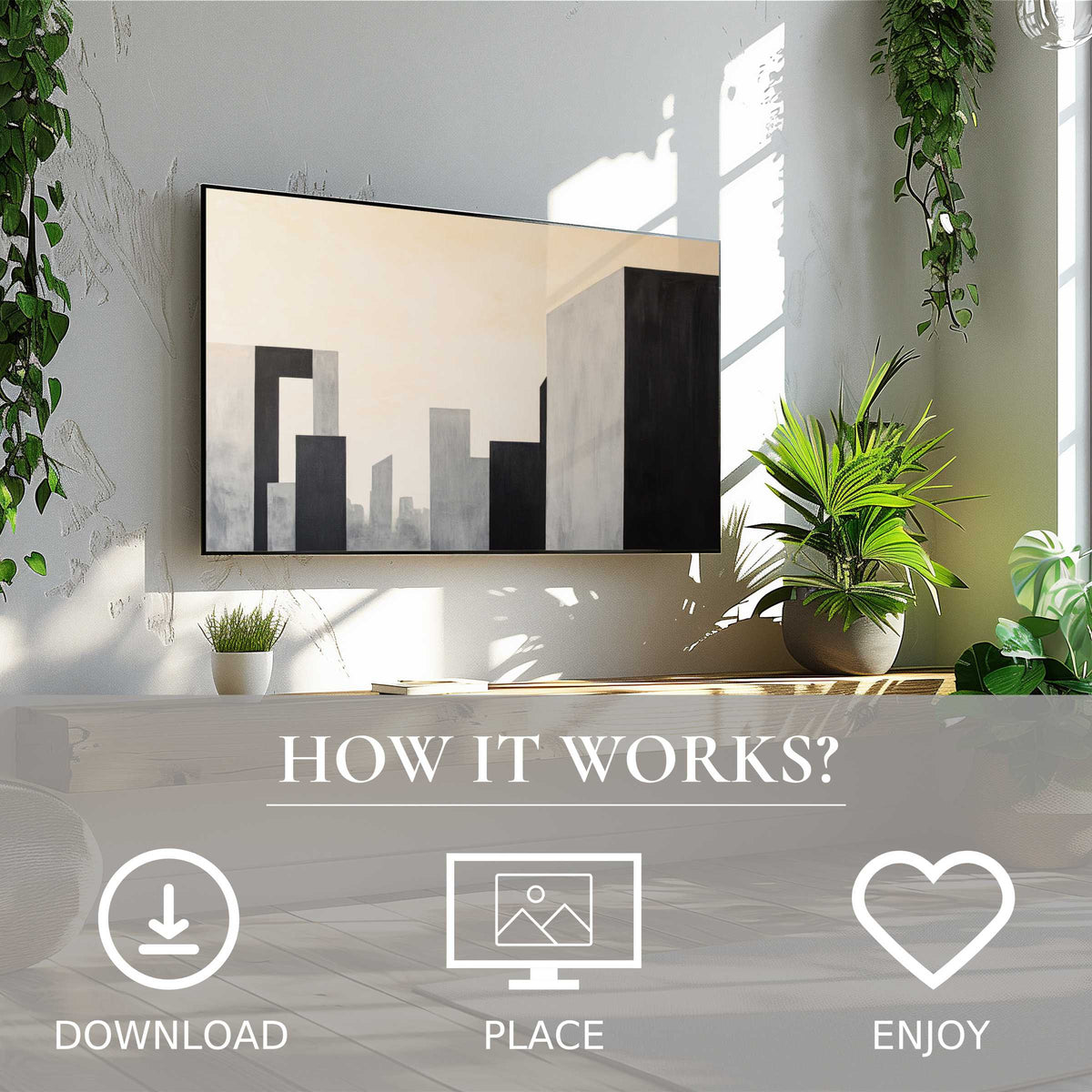 Modern living room with minimalist art for Samsung TV, soft gray cityscape, easy digital download enriches space