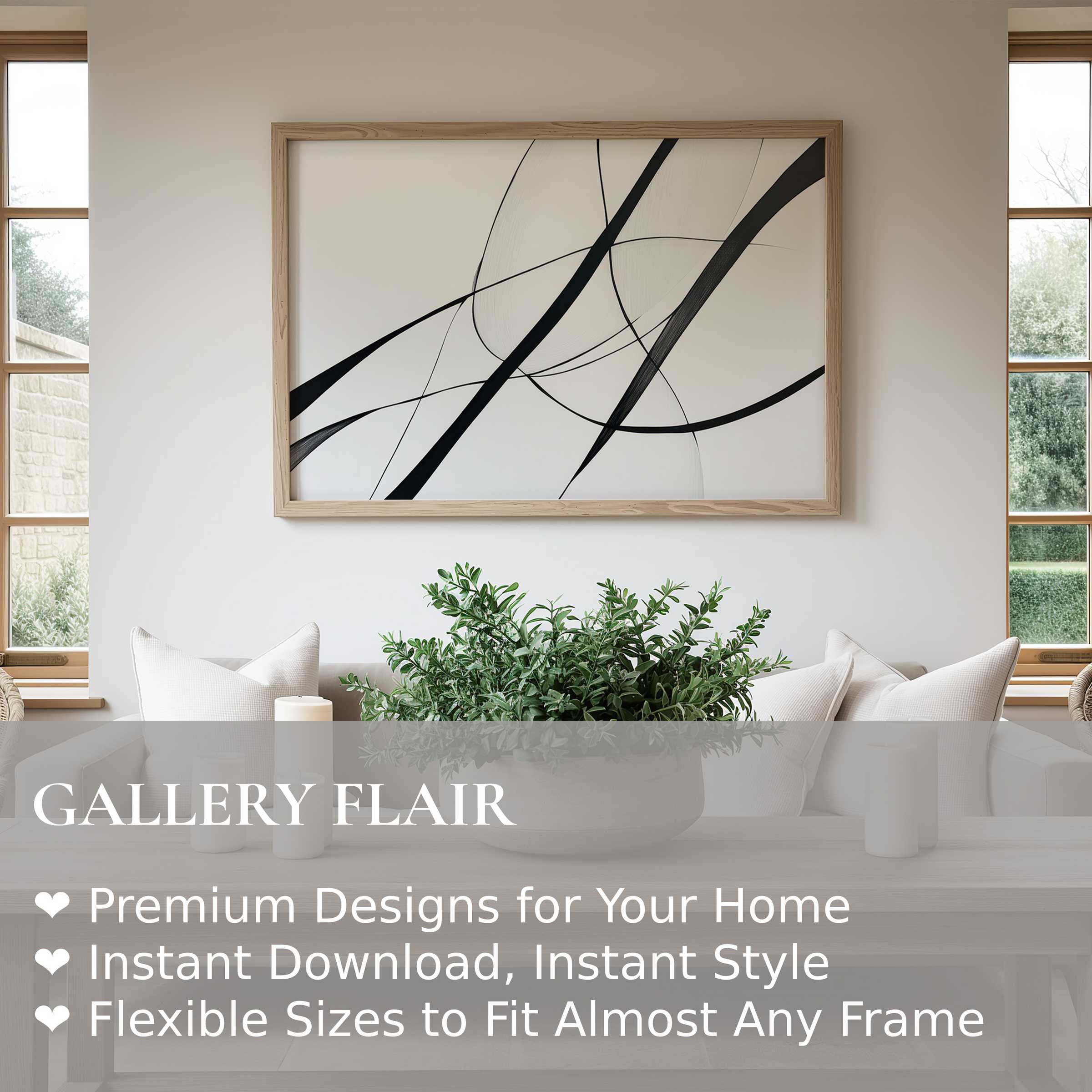 Modern wall art print with bold black curves on white, elevating a serene minimalist living room with refined contemporary elegance