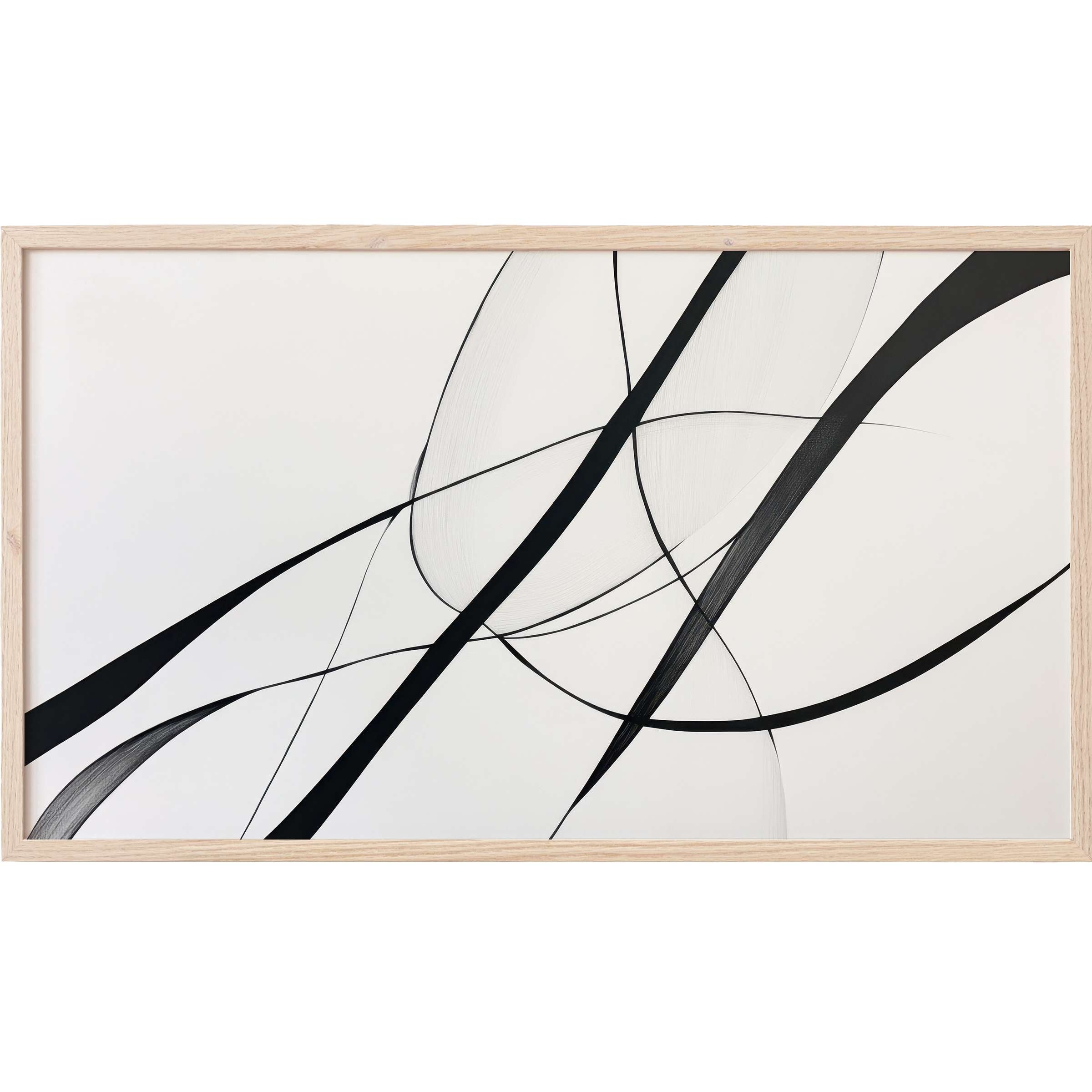 Modern Frame TV Art with sleek, flowing black lines on a crisp white backdrop, embodying minimalist elegance and dynamic movement