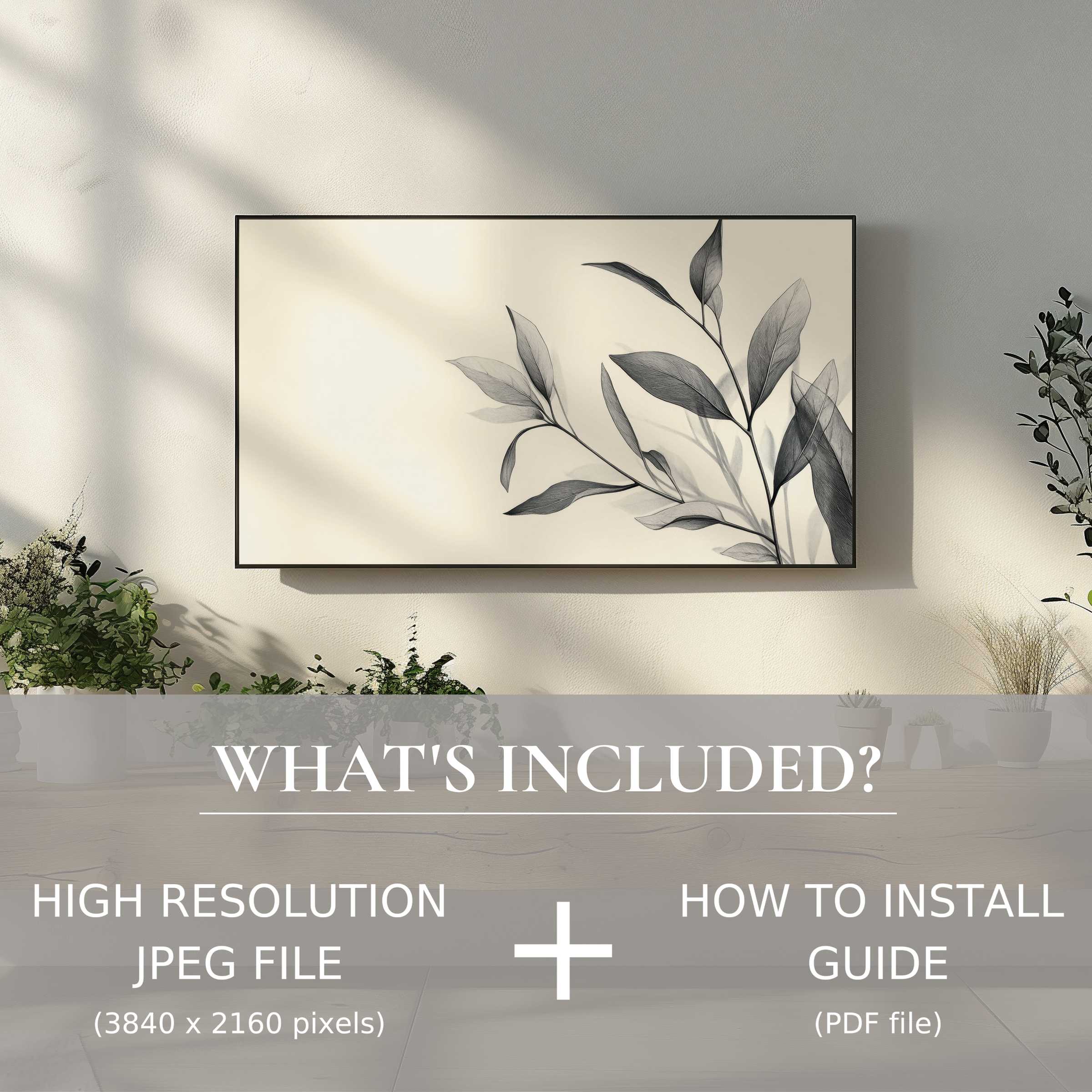 Neutral digital TV art download with elegant leaf design, easy to use, enhancing modern living spaces with style