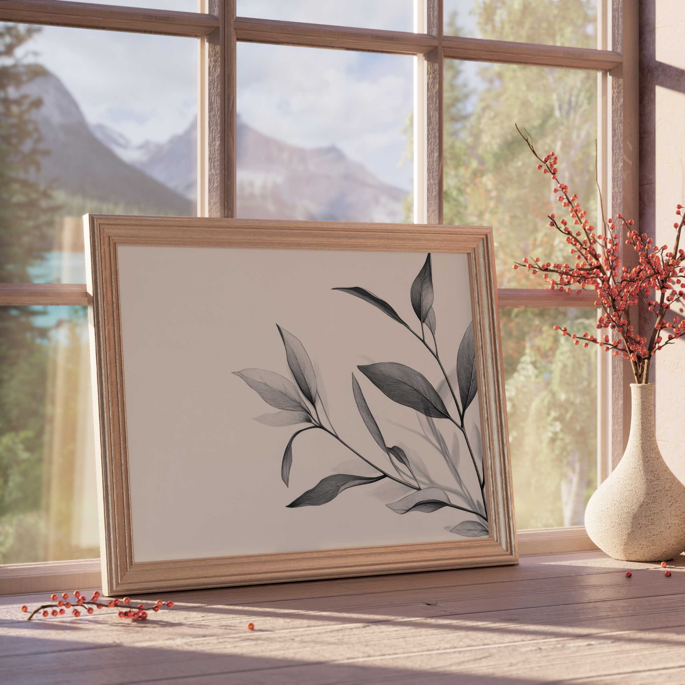 Neutral downloadable art featuring delicate monochrome foliage, evoking calm elegance and harmony in curated, minimalist interiors