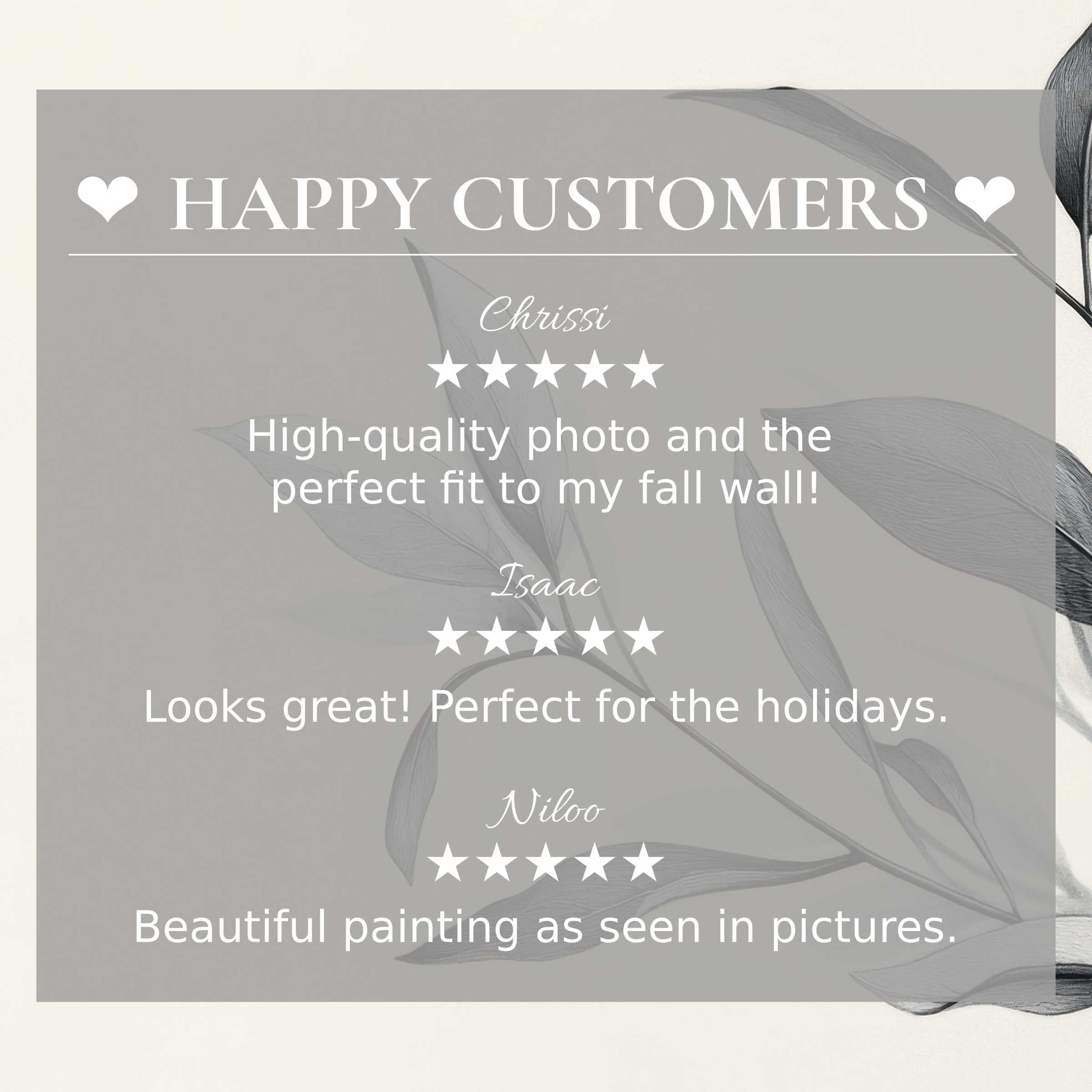 Elegant neutral art for Frame TV with delicate leaves; layout builds trust showcasing happy customer reviews