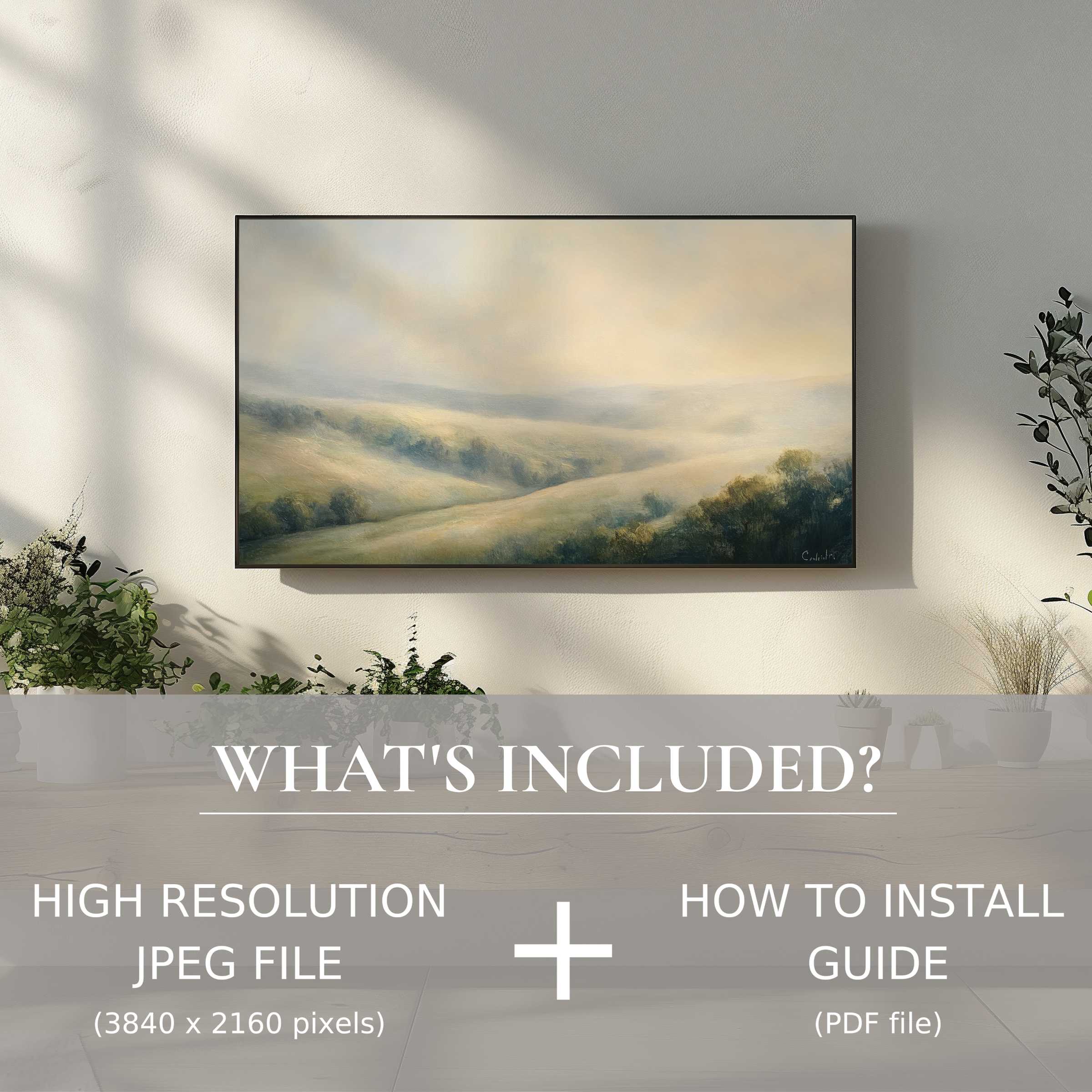 Elegant vintage digital TV art download, easy to use digitally, enhancing stylish living spaces with serene landscape beauty
