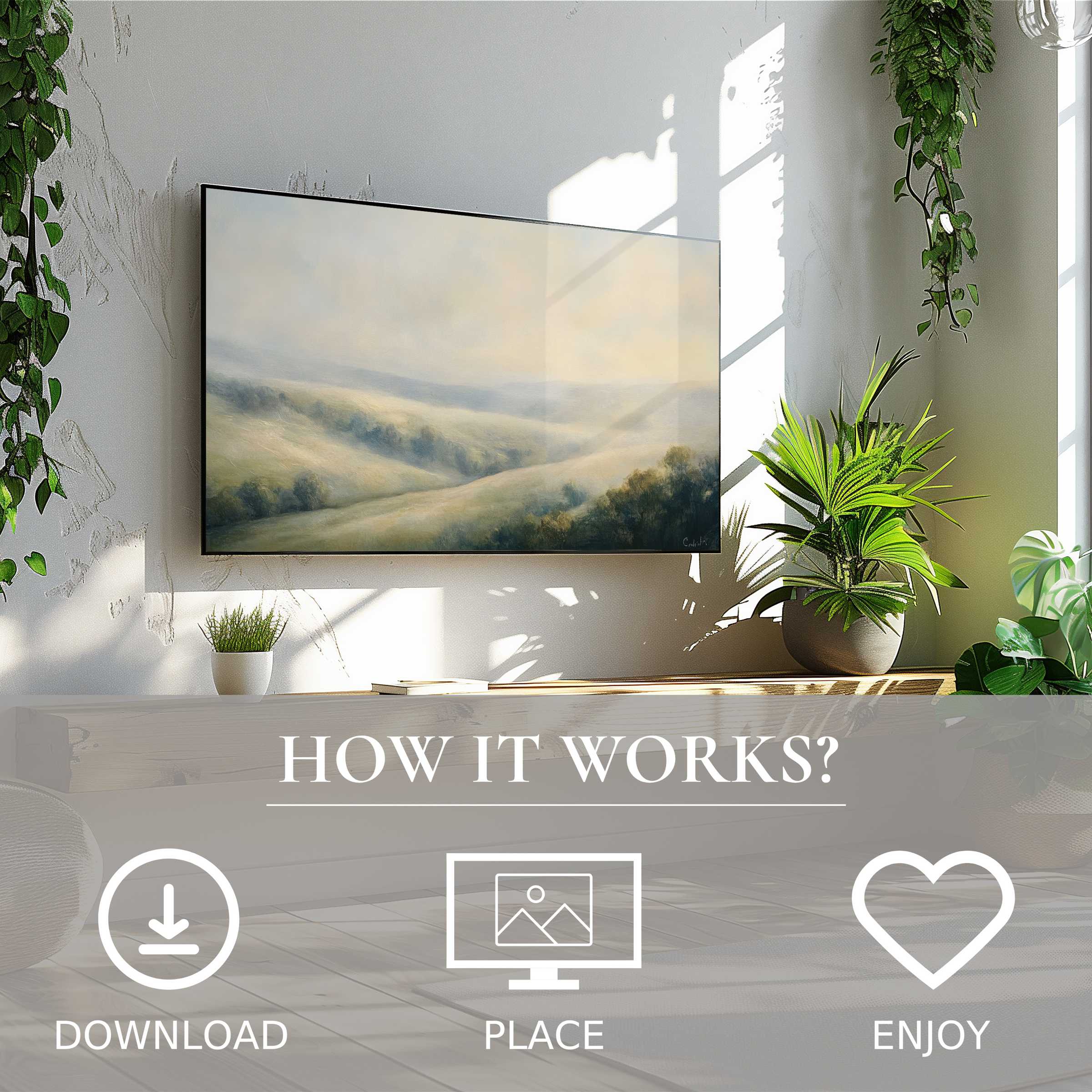 Vintage art for Samsung TV showing soft sunset tones on The Frame, easy digital download enriches your modern living space