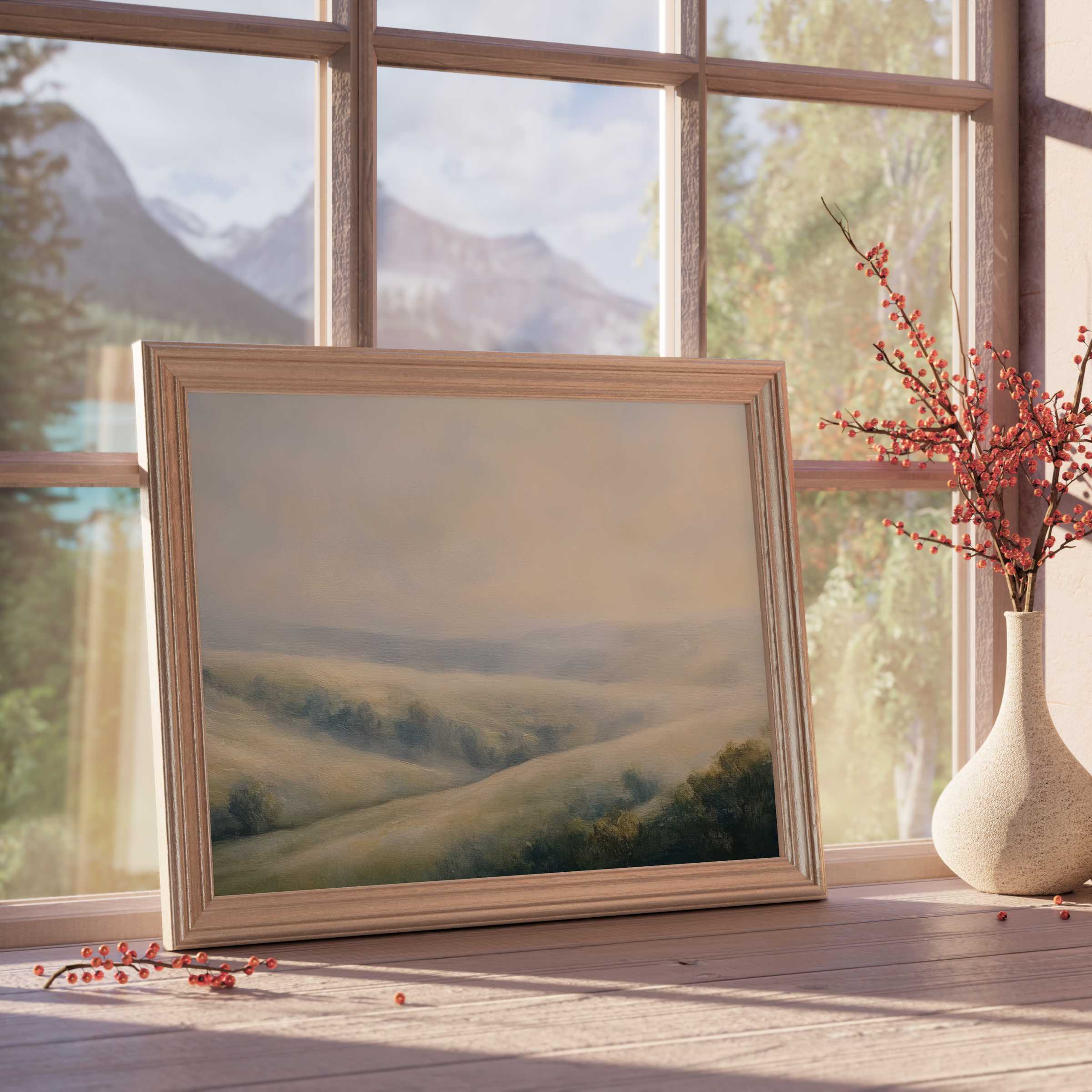 Vintage downloadable art of serene rolling hills bathed in soft, warm light elevates curated, tranquil interiors