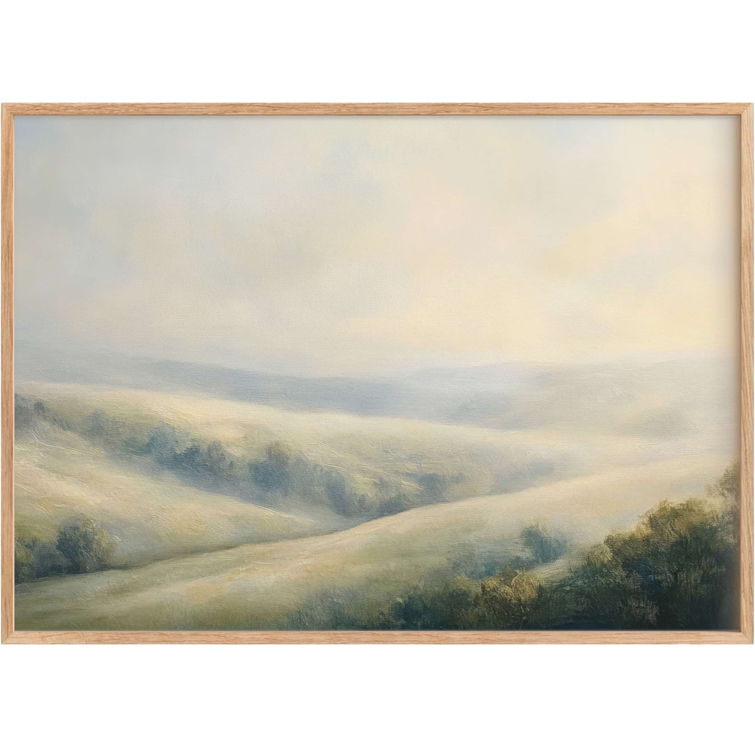 Vintage printable wall art capturing misty rolling hills bathed in soft blues and warm ivories, evoking serene, timeless elegance