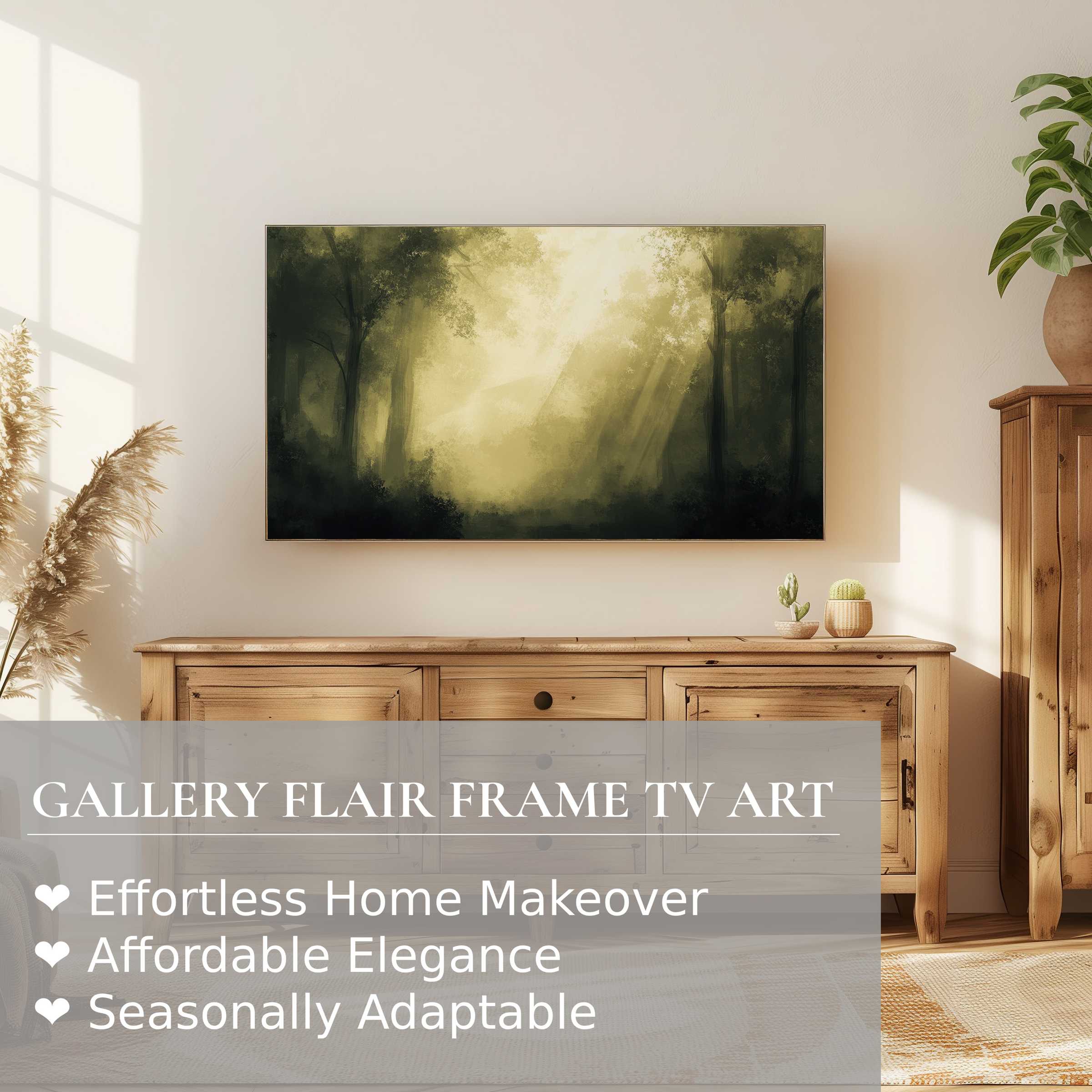 Samsung Frame TV displays serene landscape digital artwork with soft light beams, perfect for elegant home decor