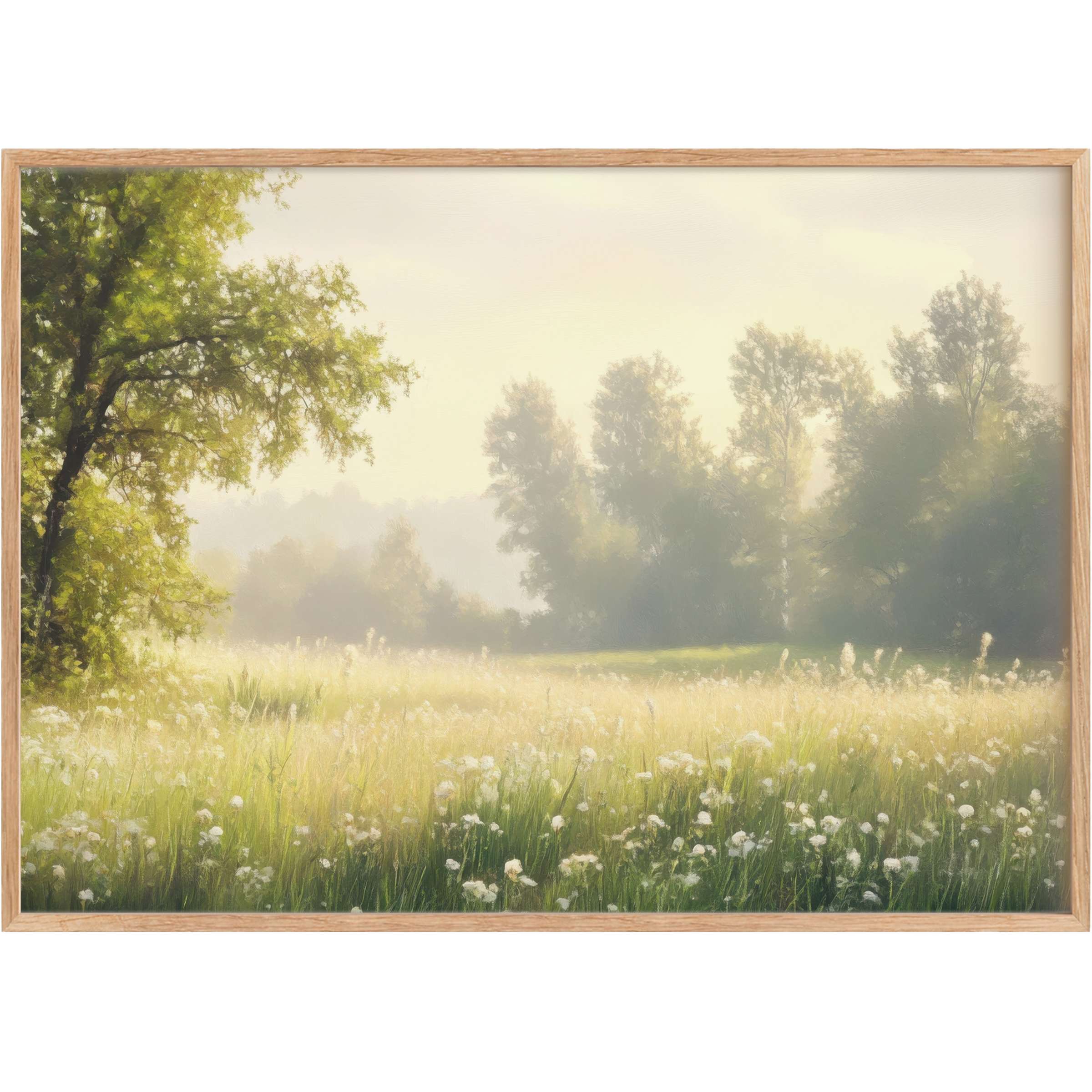 Radiant spring printable wall art capturing a sunlit meadow in soft greens and warm golds, evoking serene elegance and fresh renewal