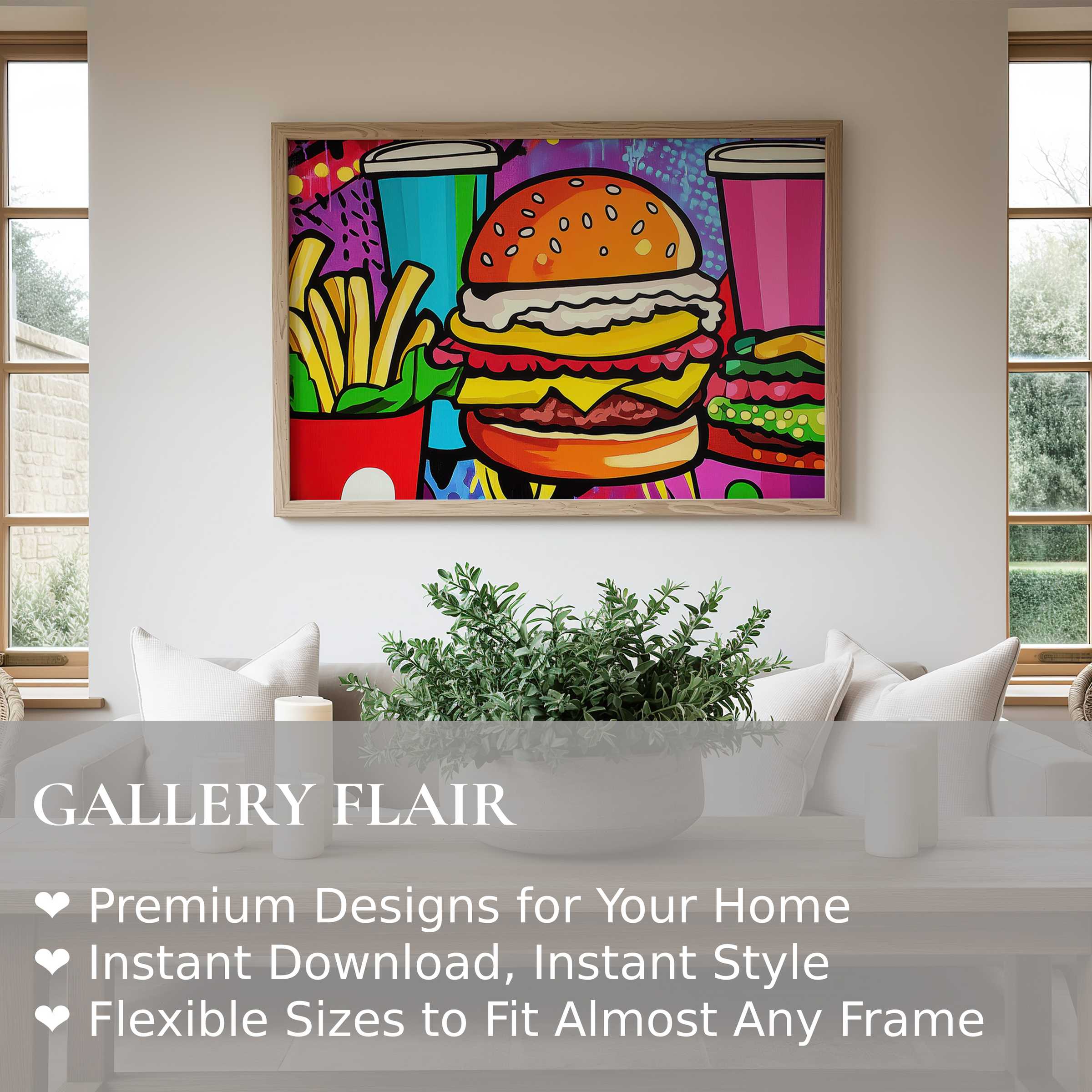Vibrant pop art wall art print of classic fast food icons energizes a modern minimalist living room with bold, playful color and contemporary flair