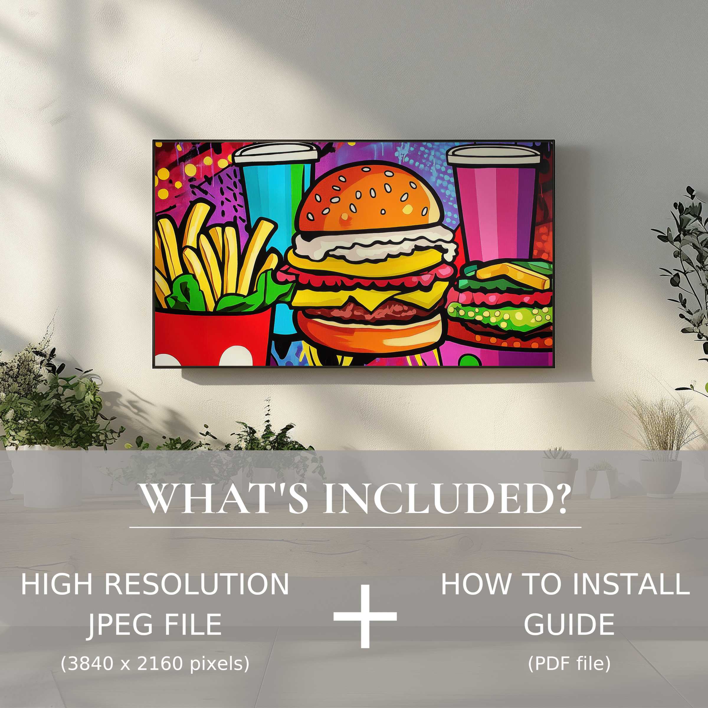 Vibrant pop art digital TV art download featuring fast food, enhancing modern living spaces with easy digital use