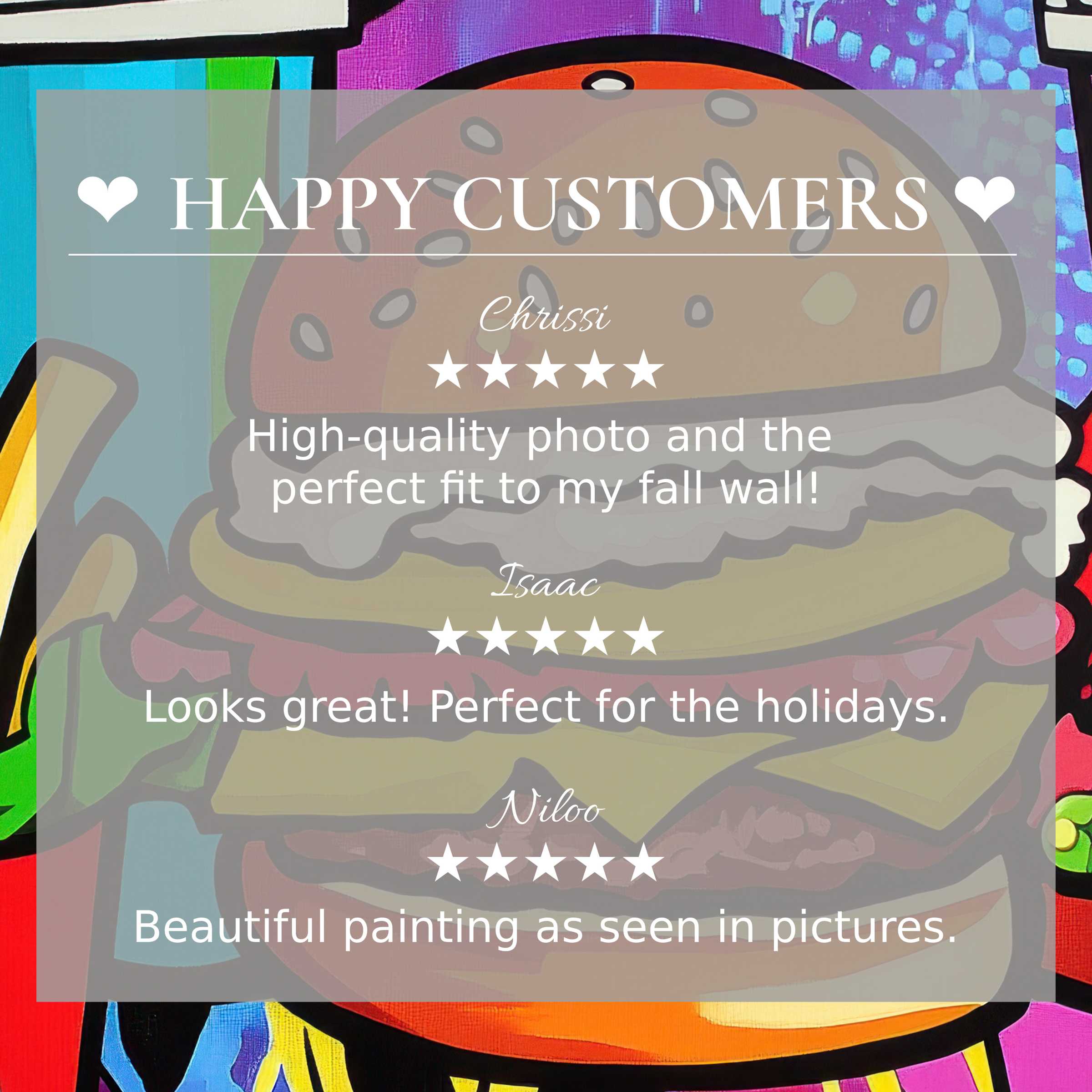 Pop art for Frame TV with abstract sunset hues, a happy customer review display fostering trust and refined elegance