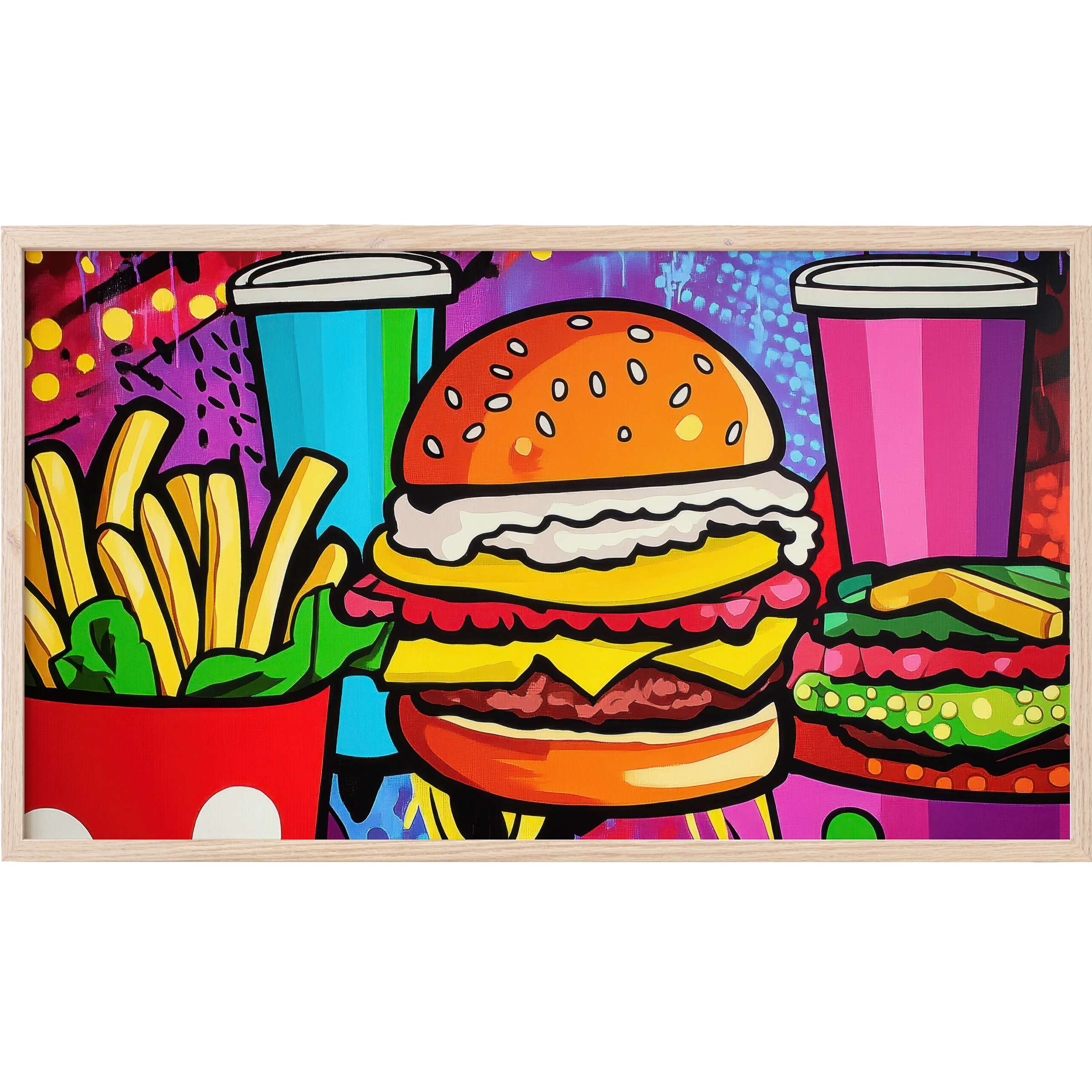 Vibrant fast food pop art with bold colors and graphic style, framed for modern interiors pop art Frame TV Art