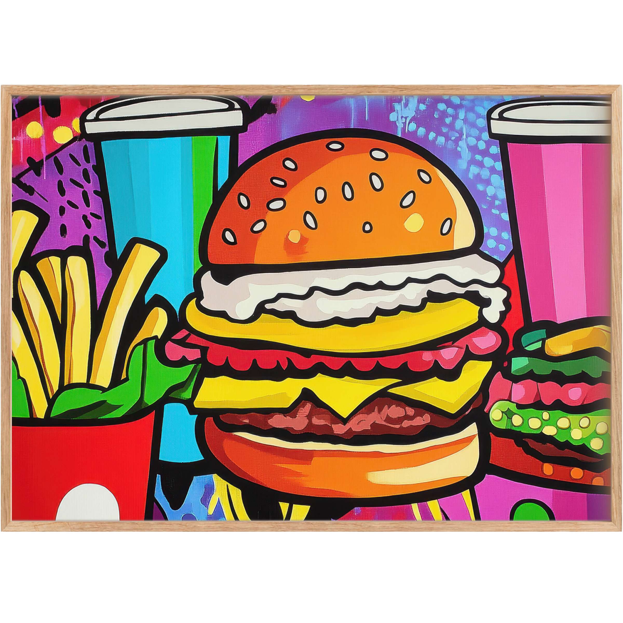 Vibrant pop art printable wall art featuring bold burgers and fries, infusing interiors with playful, dynamic energy and vivid hues