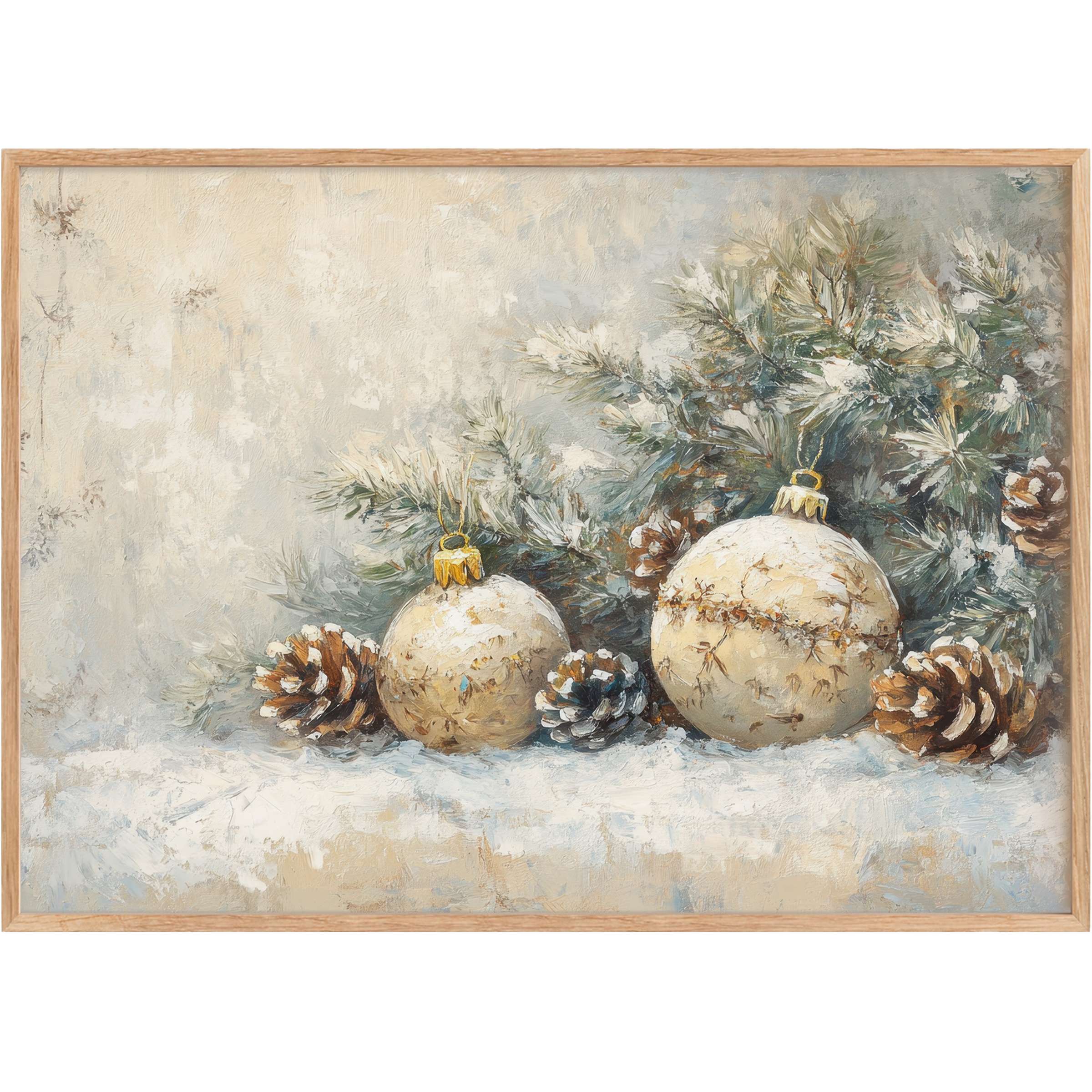 Christmas printable wall art exudes serene elegance with frosted pine, soft creams, and warm golds, perfect for a stylish winter sanctuary