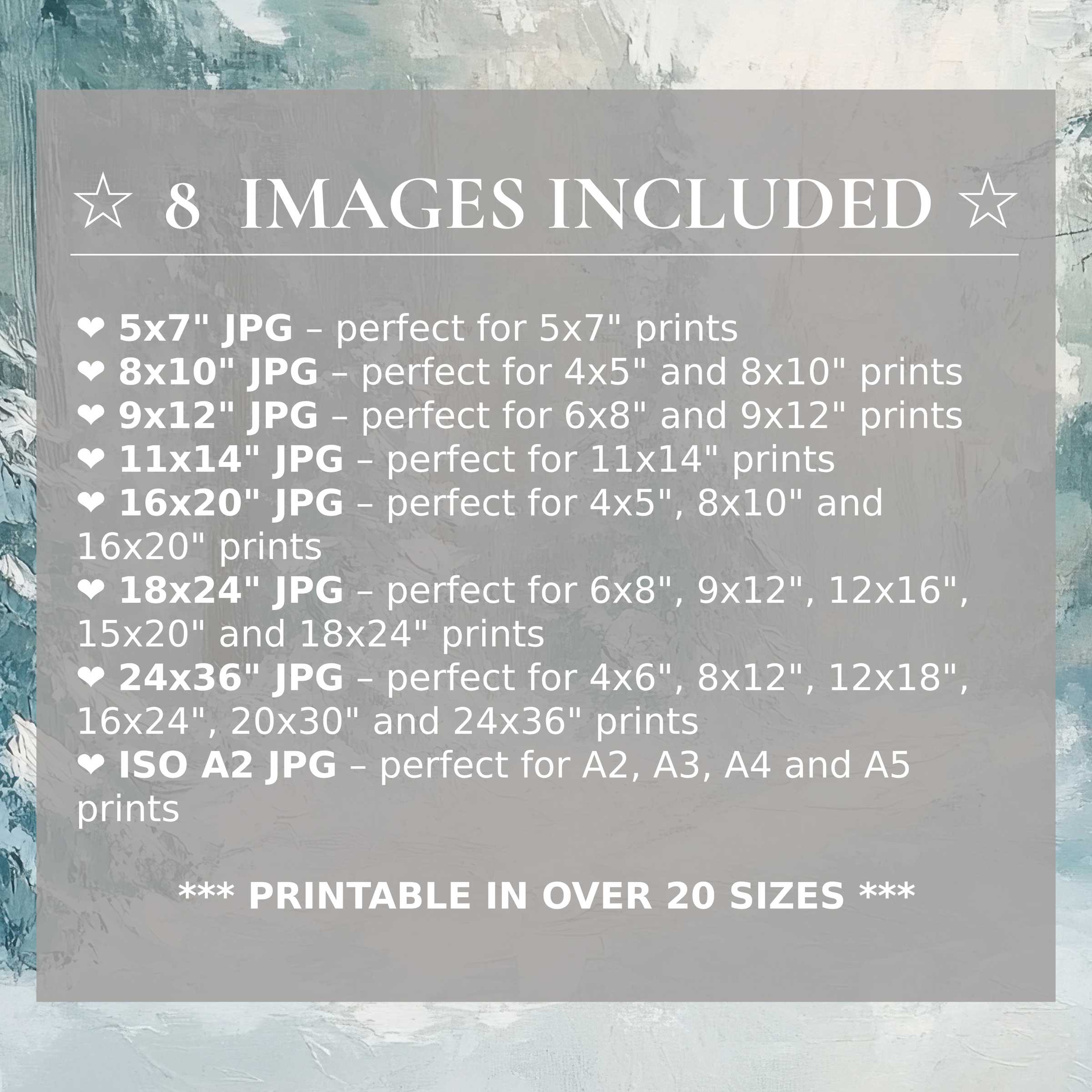 Winter digital print in soothing icy blues and soft grays, includes 8 high-quality sizes to elevate chic, modern interiors