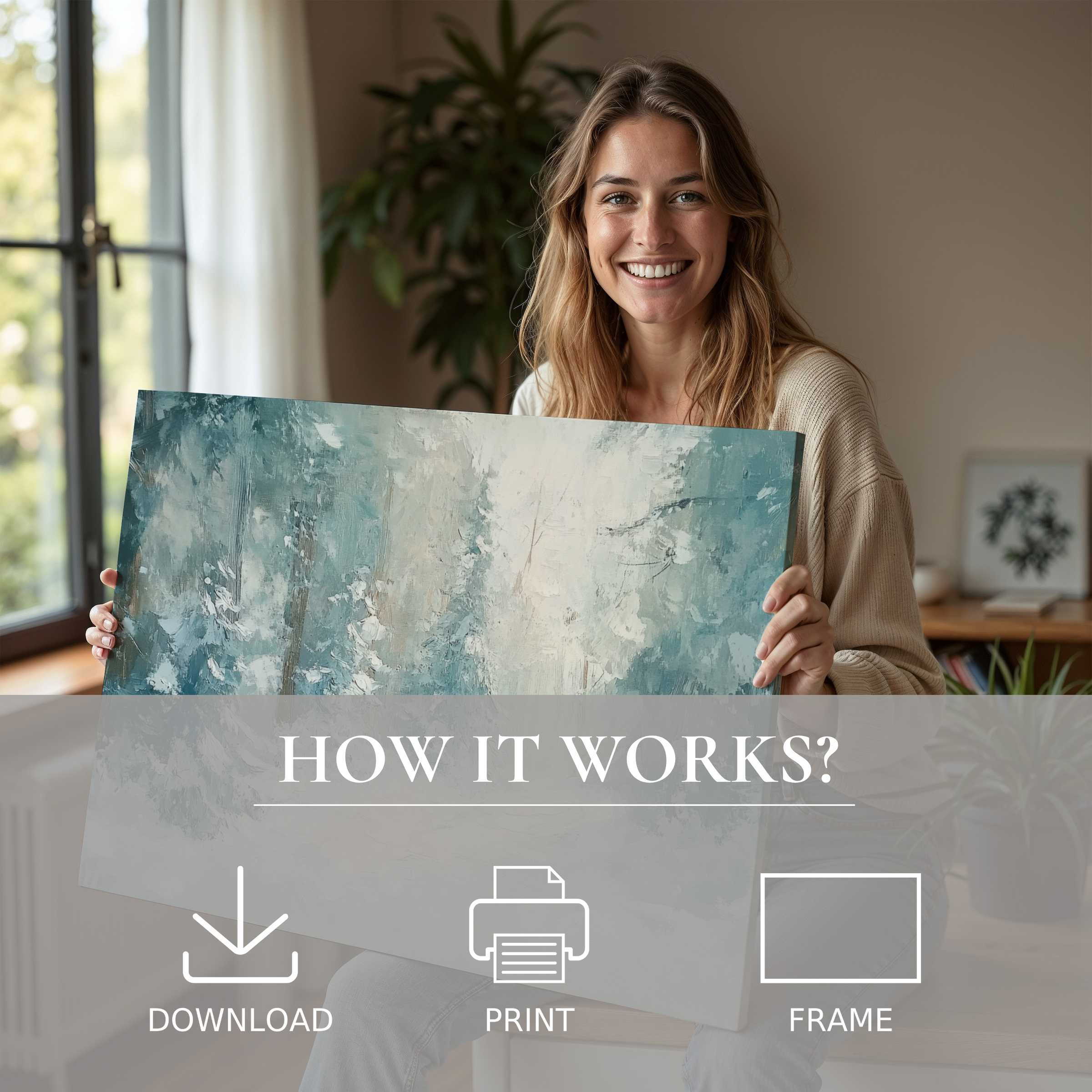 Woman radiates warmth and connection in a modern home, embracing a serene winter digital art print’s timeless elegance