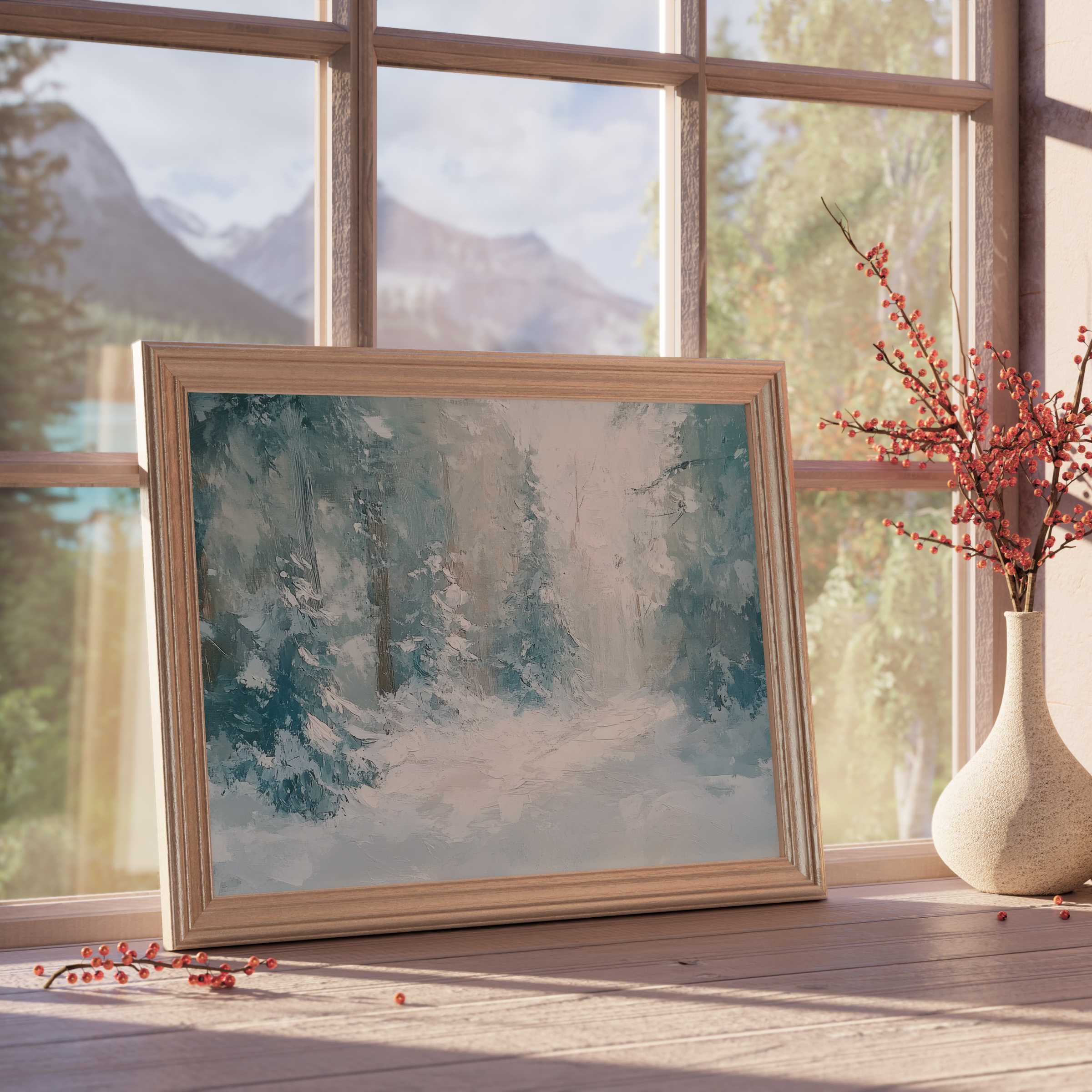 Winter downloadable art capturing serene snow-laden pines in soft hues, elevating tranquil, design-forward luxury interiors