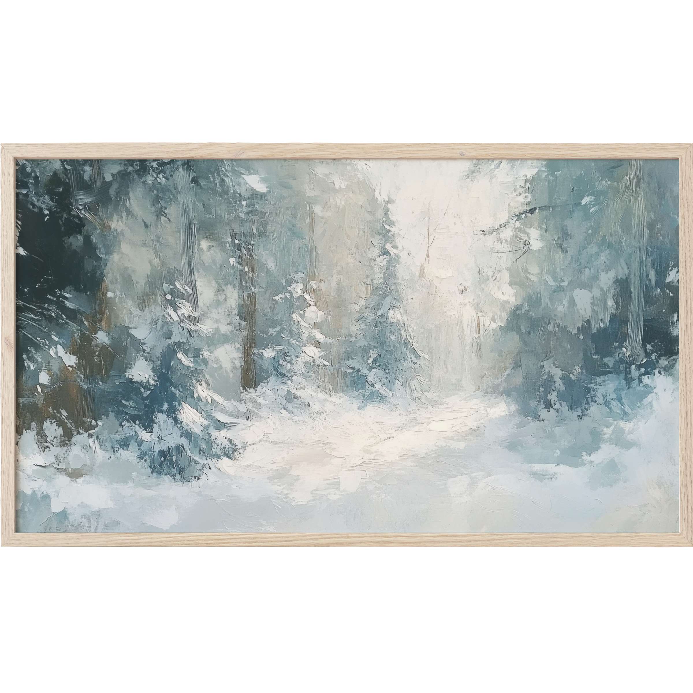 Winter Frame TV Art depicting a serene snowy forest path in muted blues, grays, and soft whites, with textured brushstrokes