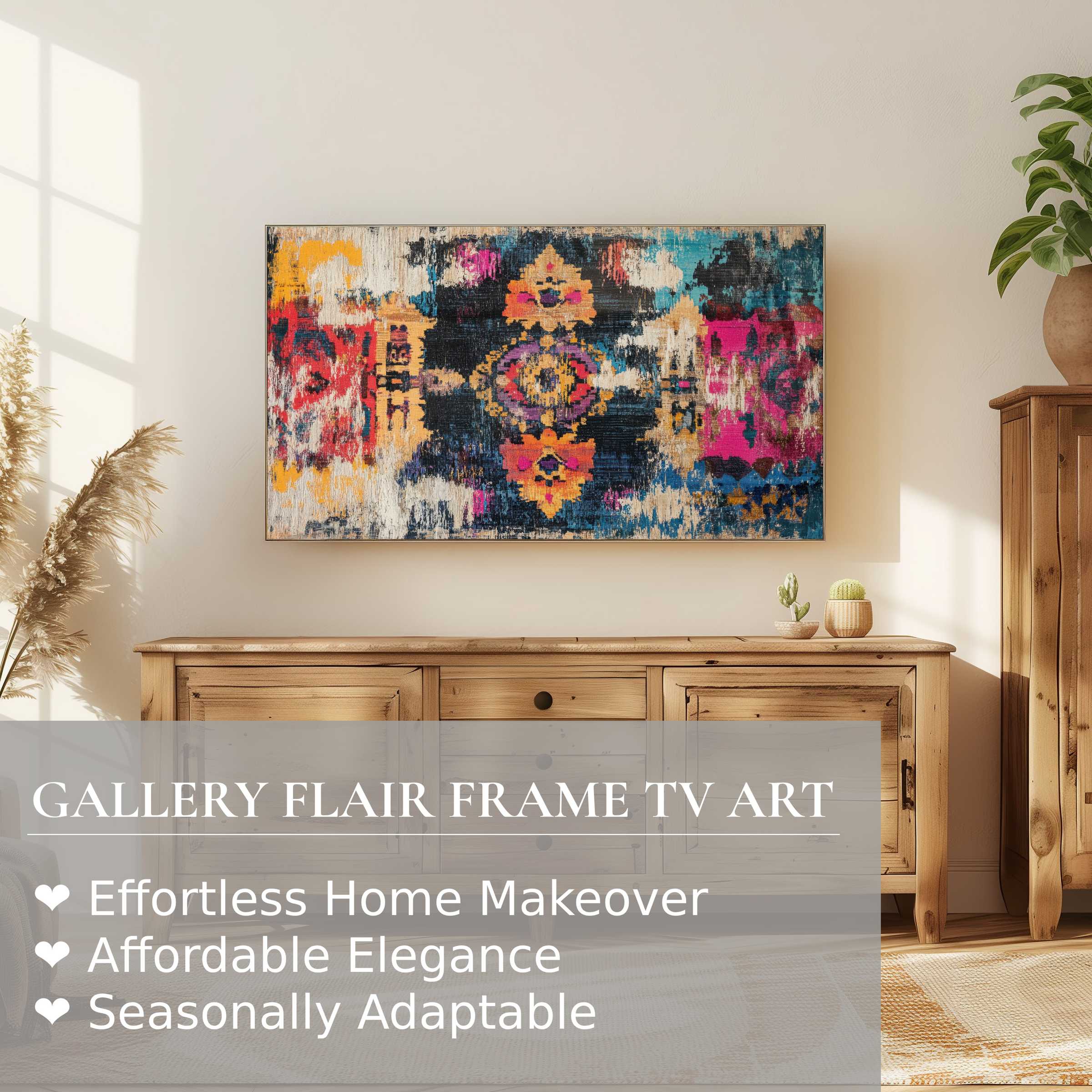 Samsung Frame TV showcasing vibrant boho digital artwork, enhancing a warm, modern living space with elegant charm