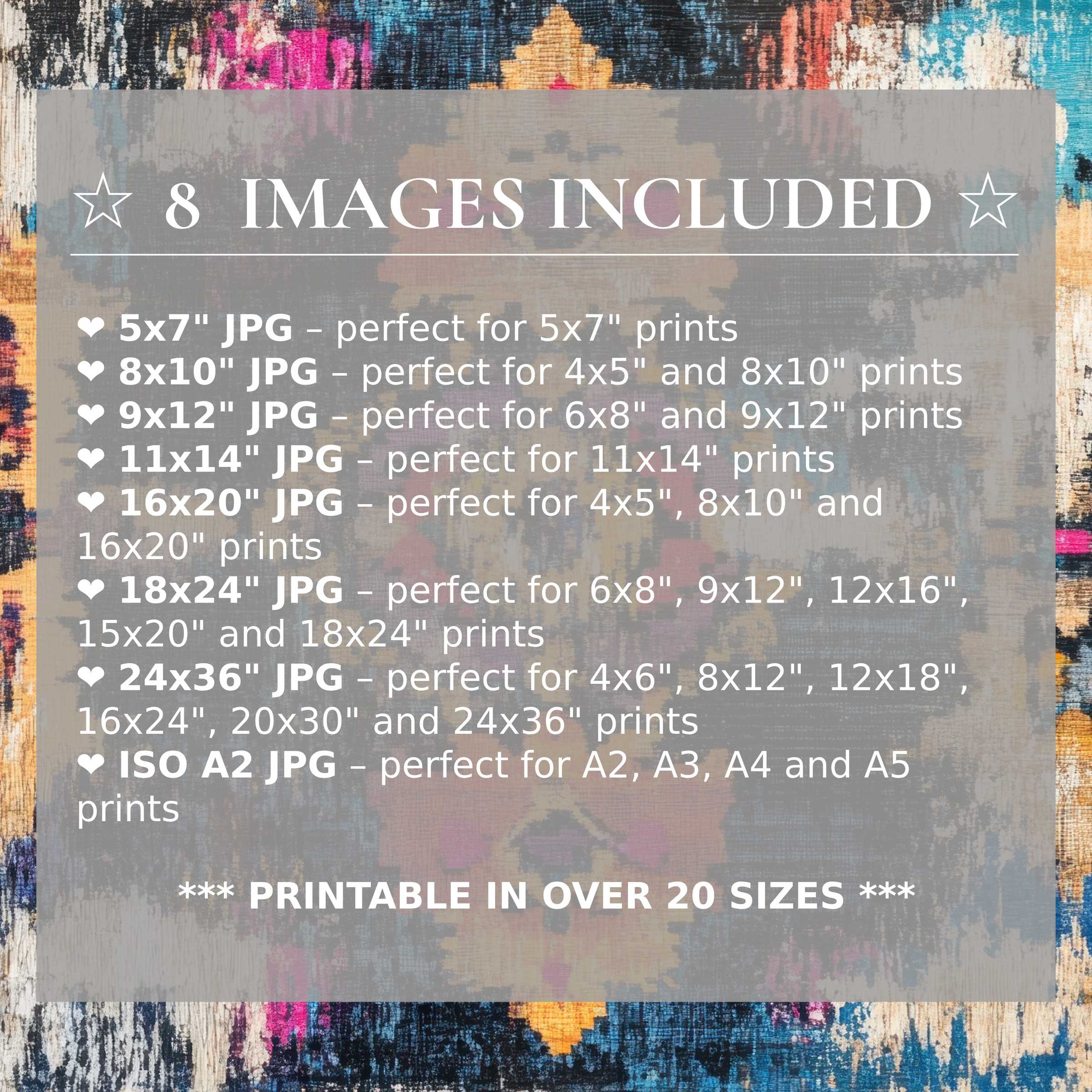 Boho digital print with radiant blues, pinks, and golds, available in 8 high-quality sizes to elevate modern interiors with versatile, stylish charm