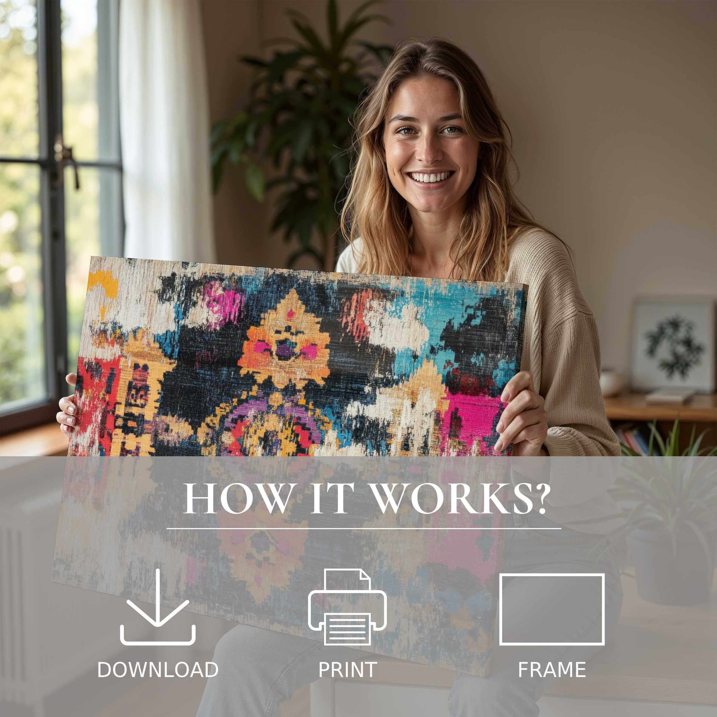 Radiant woman shares a vibrant boho digital art print, elevating her serene modern home with effortless, joyful living