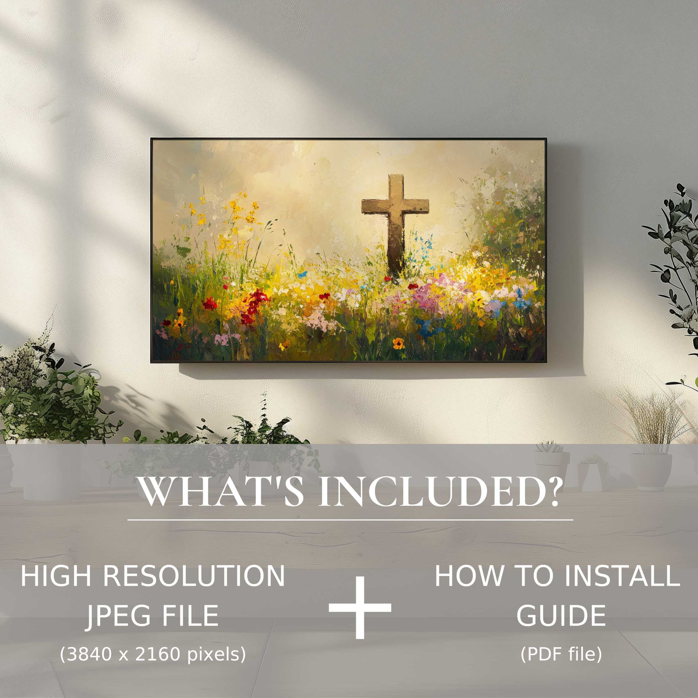 Elegant easter digital TV art download brightens living space with easy digital use showcasing vibrant cross and flowers